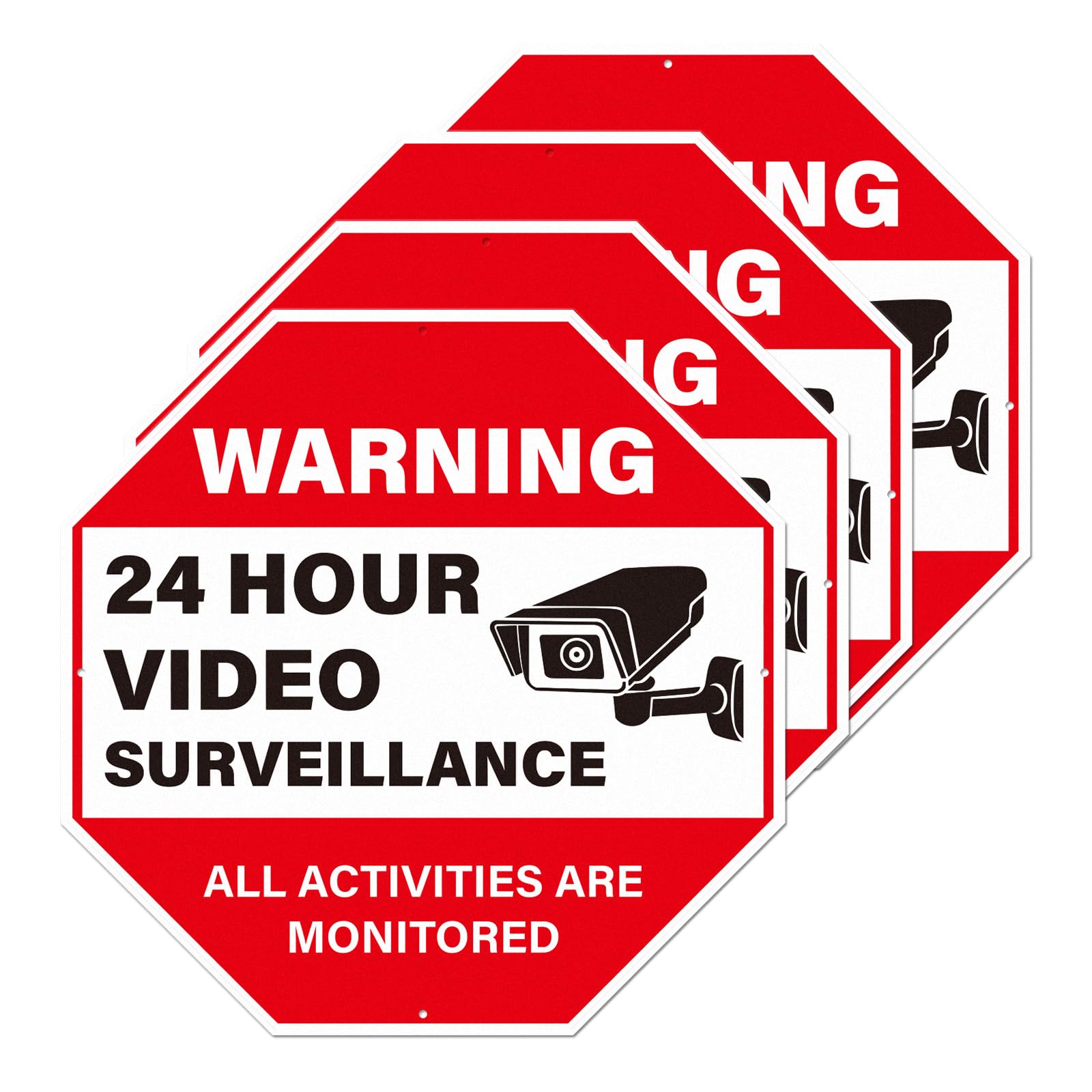 Paquete de 4 señales de advertencia de videovigilancia de 24 horas, todas las actividades están monitoreadas, 12 x 12 pulgadas, de aluminio resistente, reflectante, impermeable, señalización