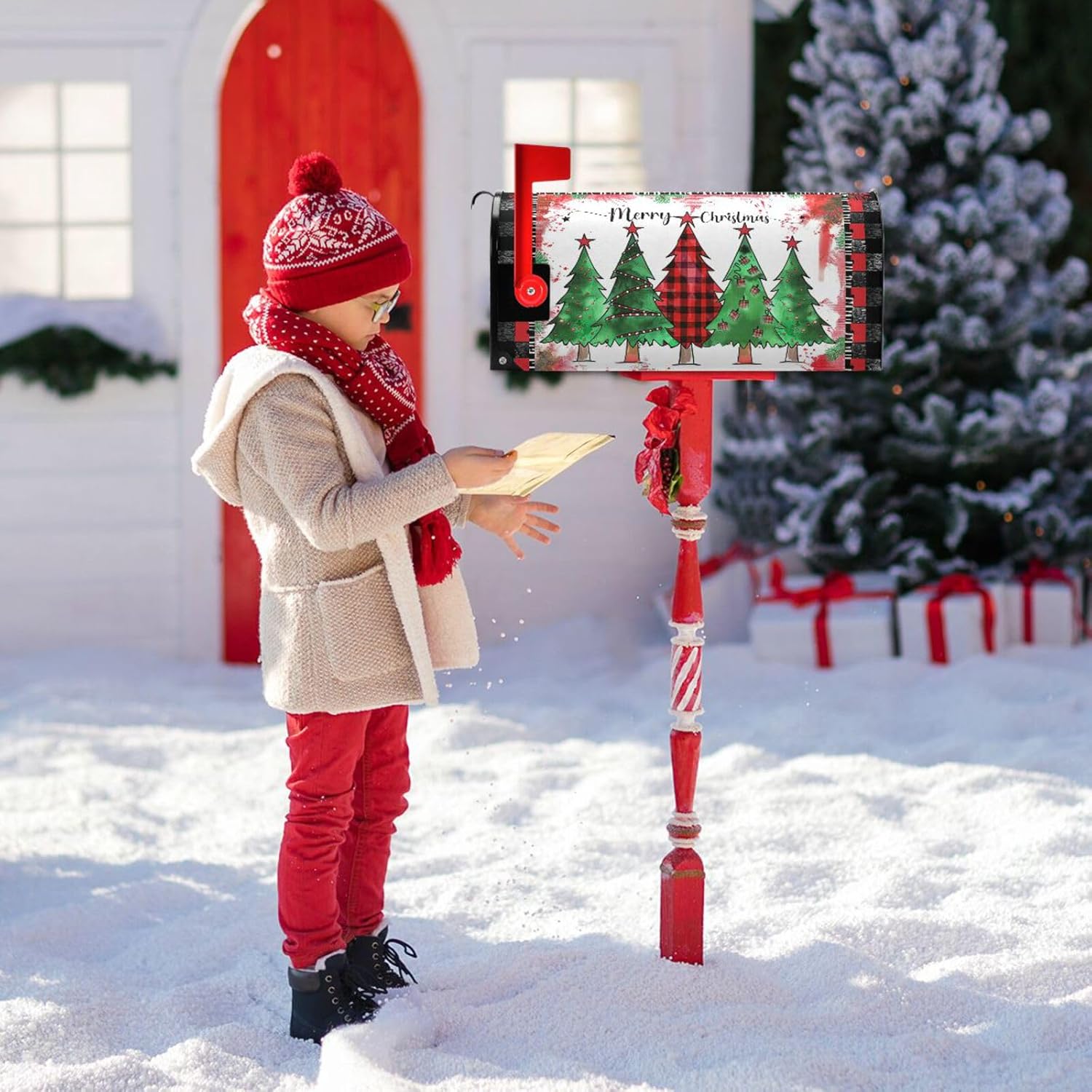 Wusikd Merry Christmas Tree Mailbox Cover Magnetic Standard Size Snowflake Mailbox Covers Letter Post Box Wrap Decoration Welcome Home Garden Outdoor 21" Lx 18" W