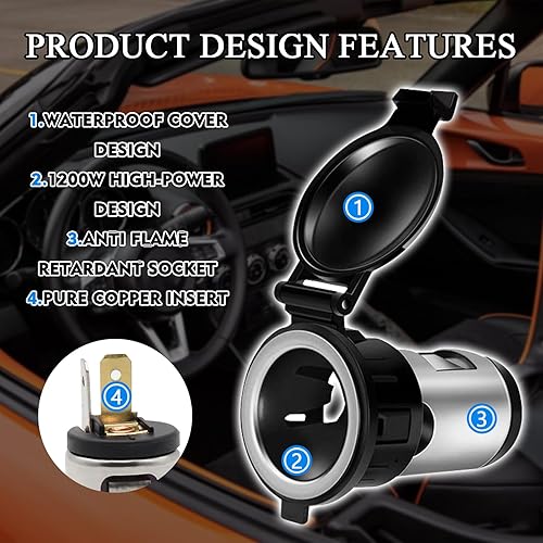 Miniatura 5 de Enchufe para encendedor de cigarrillos, adaptador de encendedor de cigarrillos para automóvil con cubierta impermeable y cable de extensión, enchufe