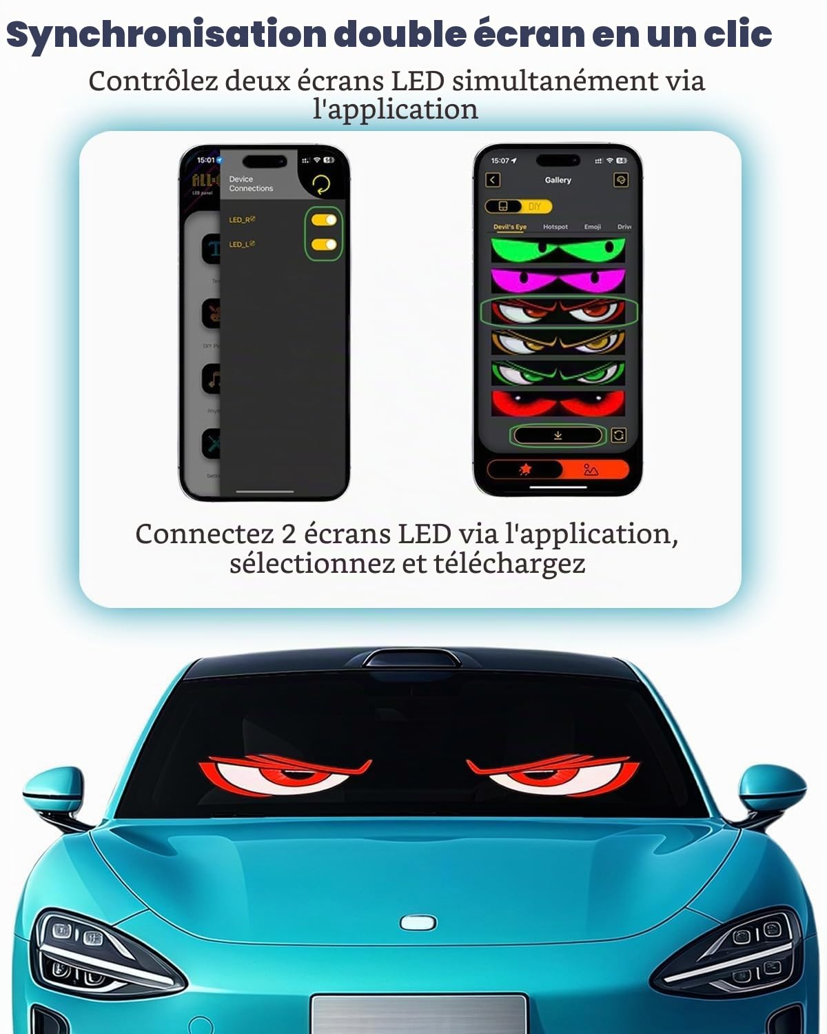 2 Pièces 12 * 59.5cm Yeux Led pour Camion et Voiture, Écrans LED | Pare-Brise de Voitures/Camions/Suv/Camping-Cars avec ContrôLe via Application, Texte Personnalisé, Animations et Graphiques