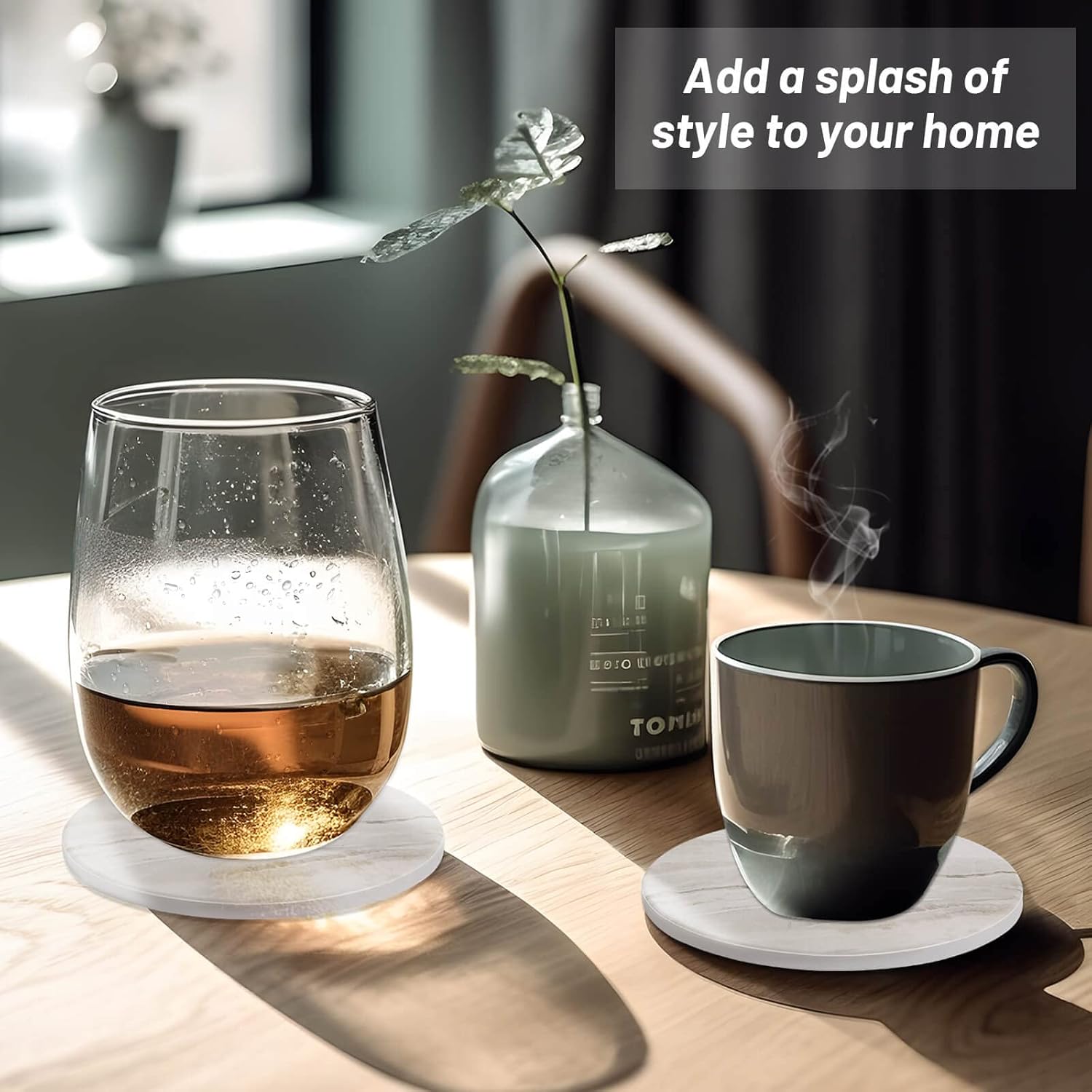 Caffox Coasters Set of 10, Absorbent Drink Coasters with Holder, Marble Style Ceramic Coaster for Wooden Table, Home Decor, 4 Inches(Griege) - Image 2