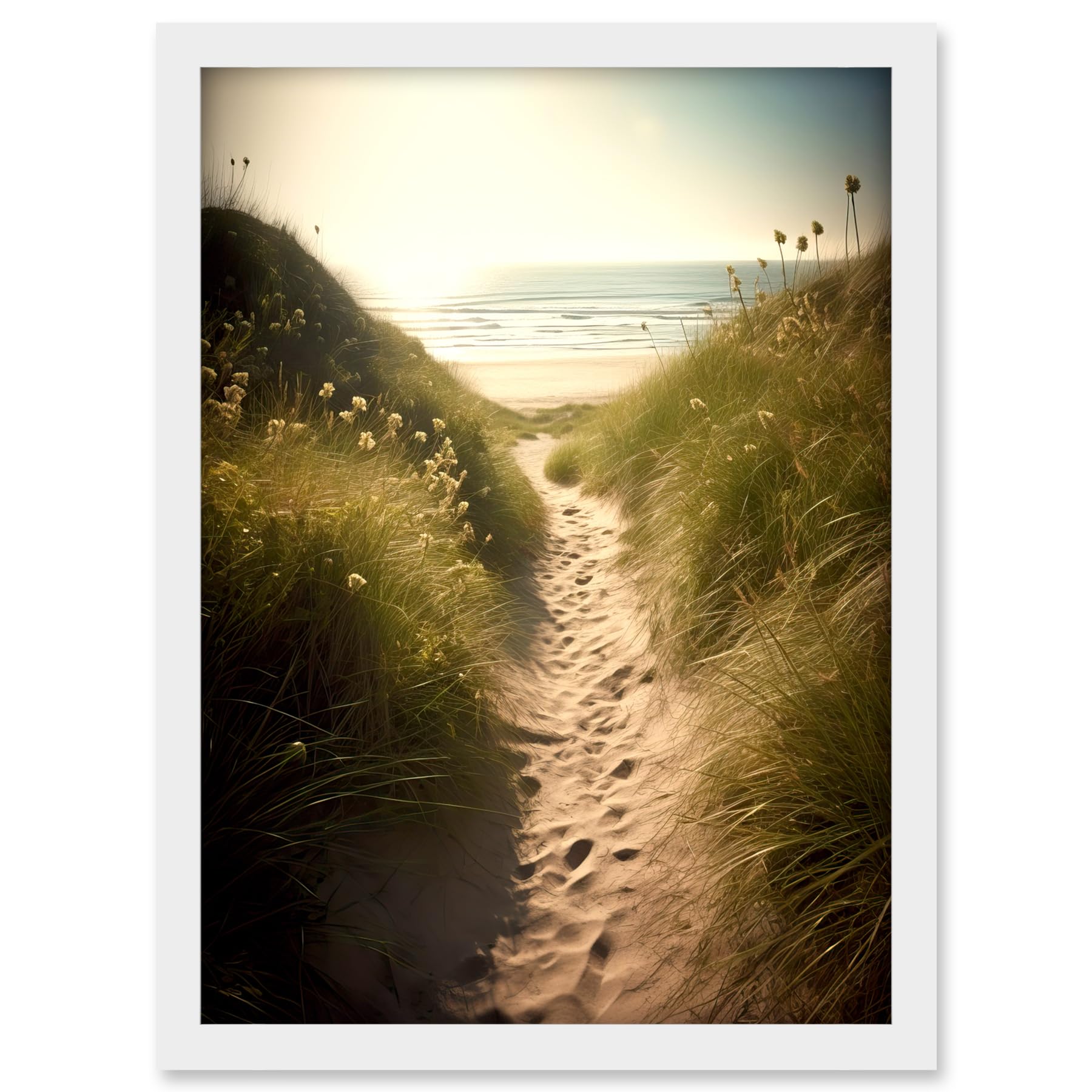 Artery8 Summer Beach Path Photograph Bright Sunny Sandy Coastal Landscape Seascape Artwork Framed A3 Wall Art Print