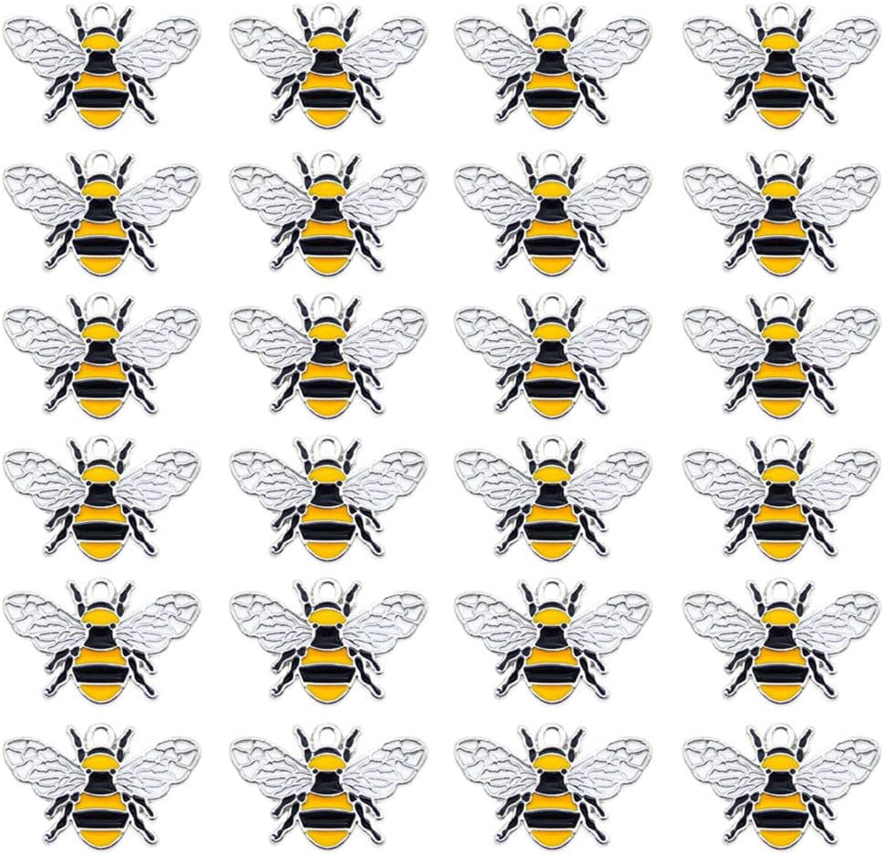 Lot of (x24) Silver Black Colorful Enamel Oil Drip Alloy Metal Honeybee Craft Bee Charms 1 by 0.7 inch (approx.26x17mm) Bracelets Earrings Pendants Making Jewelry Findings
