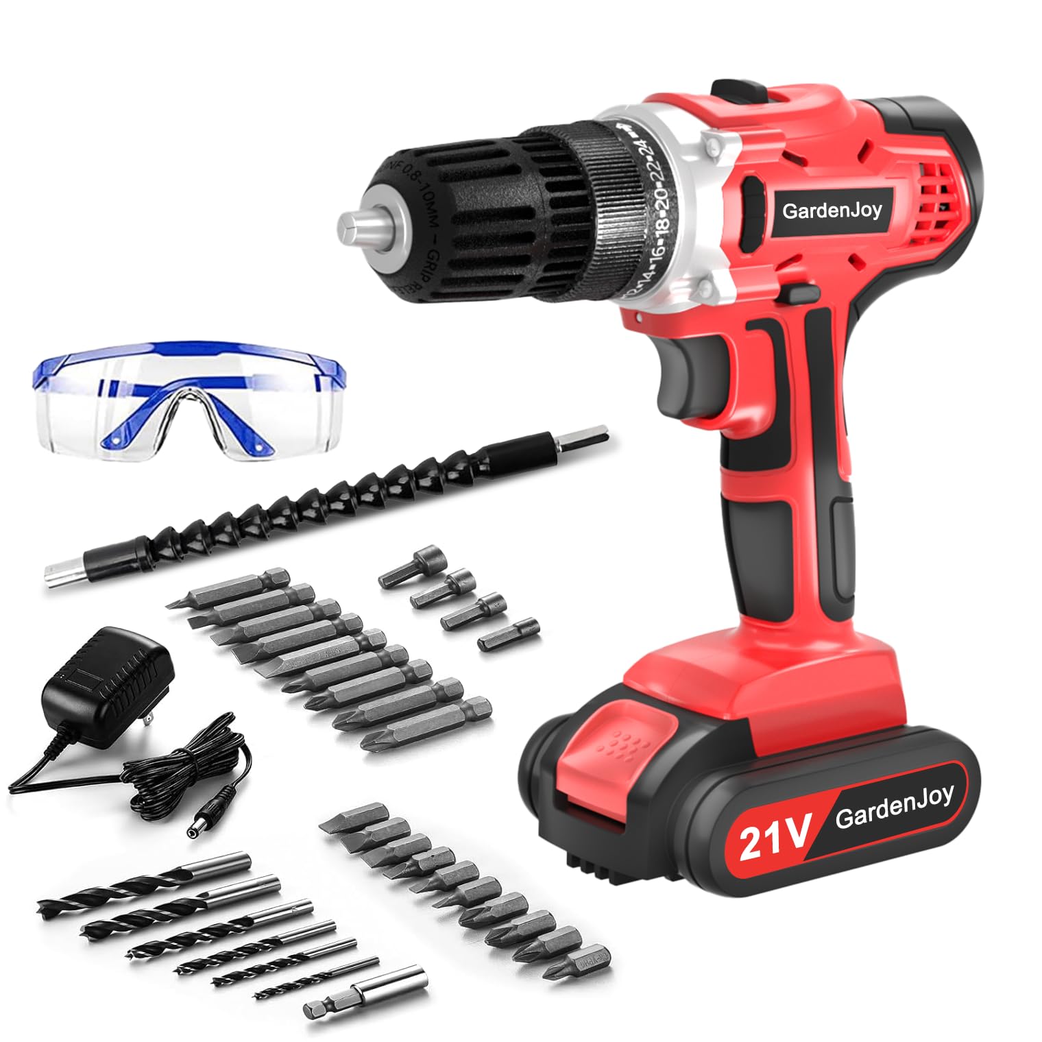 21V Power Drill Cordless Tool Kit Set, Electric Screwdriver Cordless Drill with Battery and Charger for Men Home, 3/8-Inch Keyless Chuck, Variable Speed, 24+1 Torque Setting with LED(Red)