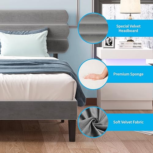 Miniatura 5 de Mjkone Base de cama tamaño King/Queen/Matrimonial | Muebles de dormitorio acolchados de tela | Base de cama tapizada con cabecera capitonada de Gris