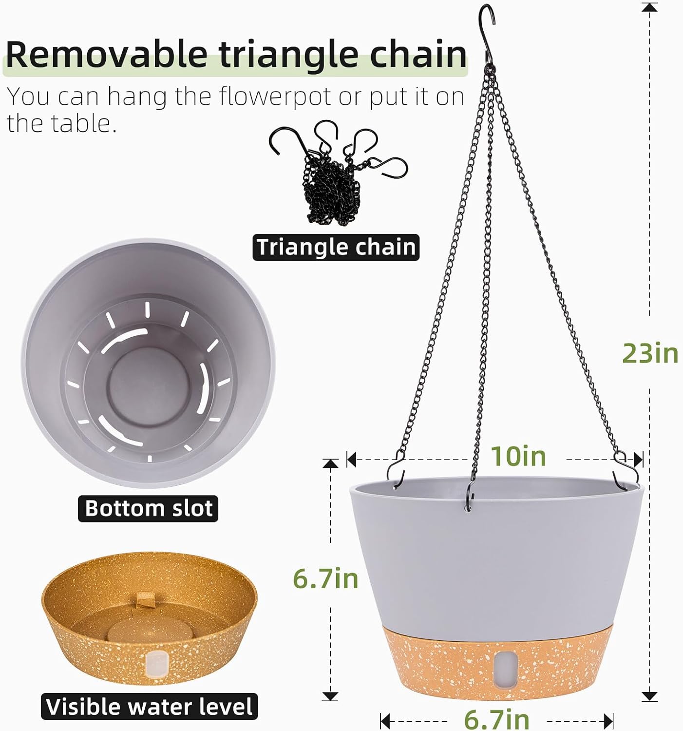QCQHDU 2 Pack 10 Inch Hanging Planters for Indoor Outdoor Plants, Hanging Baskets Flower Pots with Reservoir Tray & Visible Water-Level