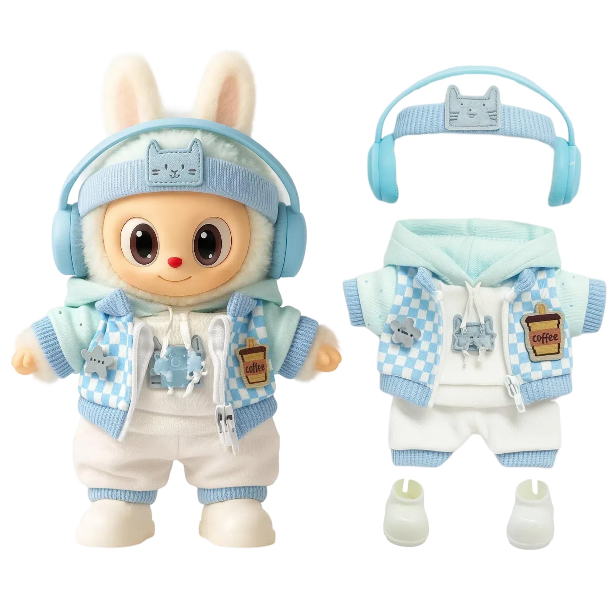 Blue Hoodie Outfit Set for 17cm / 6.69in Doll – Casual Streetwear Clothes with Headphones, Plaid Jacket, Pants and Shoes – (Doll Not Included)