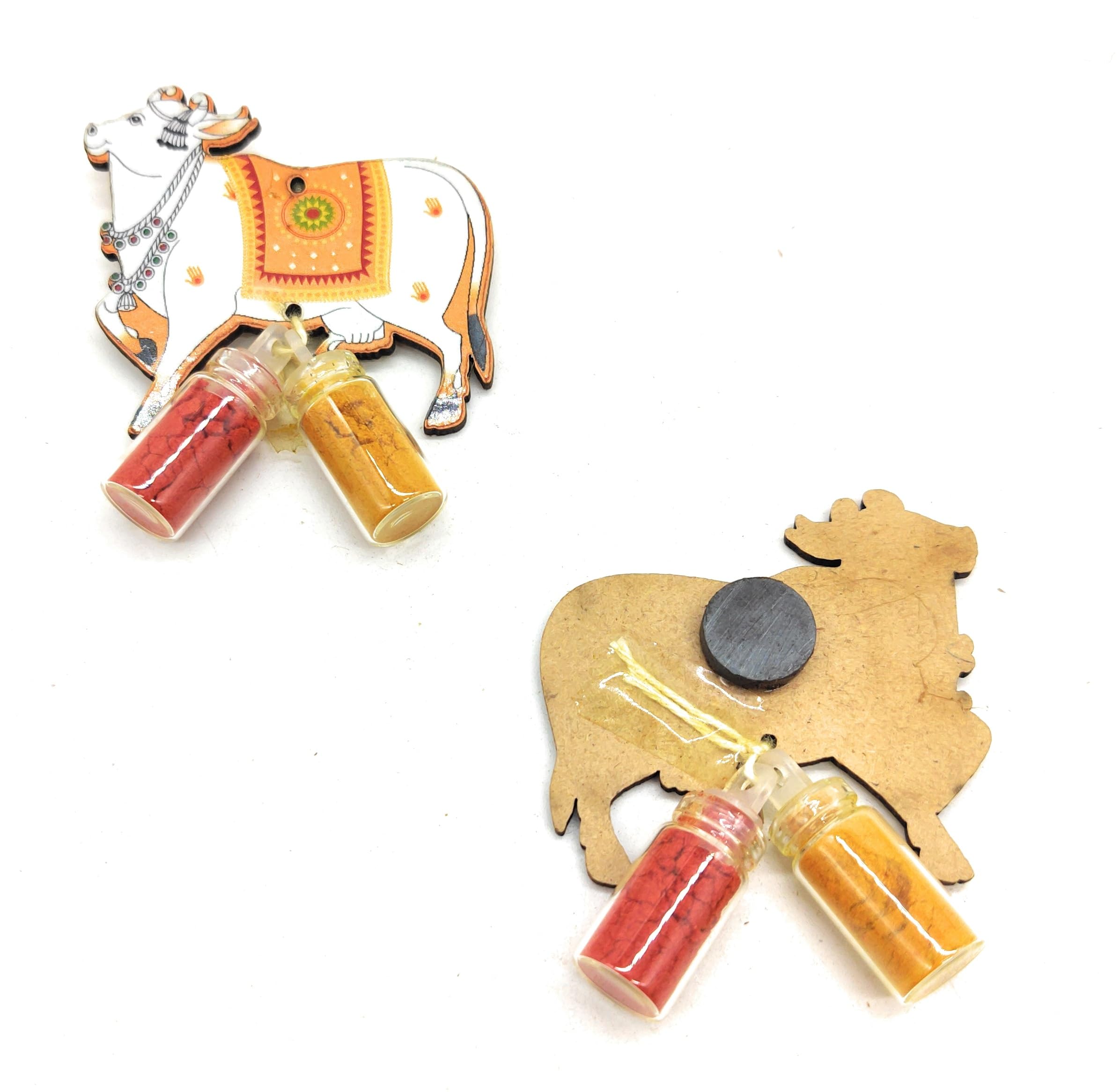Cow Haldi Kumkum Return Gift Set of 10pcs, Fridge Magnet Showpiece for Housewarming Ceremony, Baby Shower, Diwali & Puja | Mini Glass 1ml Bottles Filled with Pasupu, Kumkuma-image-20