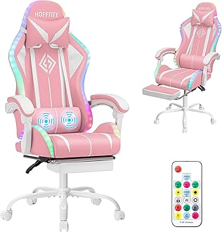 HOFFREE Gaming Chair with LED RGB Lights with Massage and Footrest Ergonomic Computer Chair High Back Video Game Chair with Adjustable Lumbar Support Linkage Armrest Pink and White