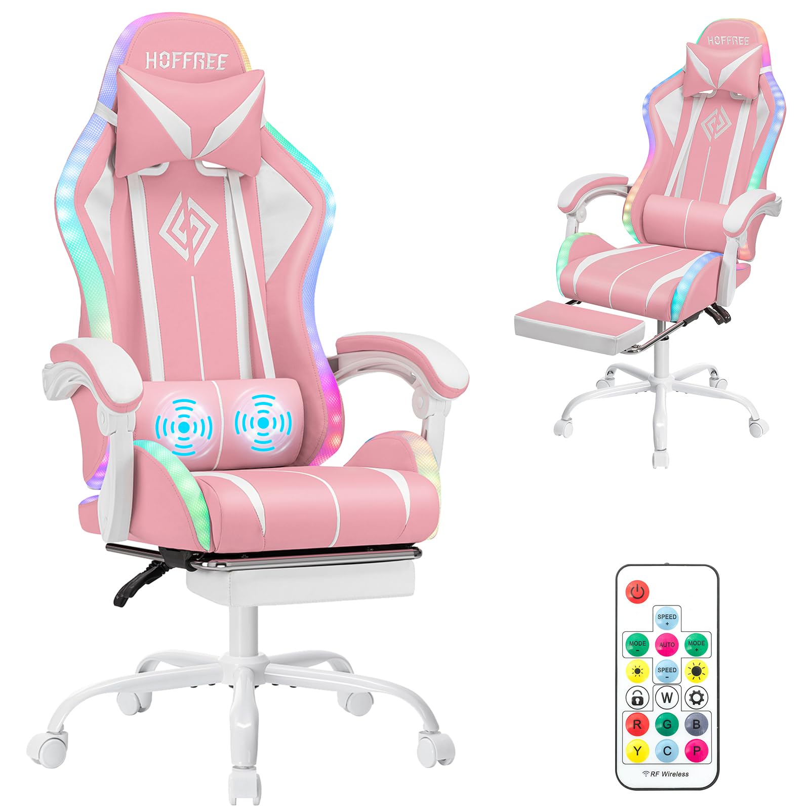 HOFFREE Gaming Chair with LED RGB Lights with Massage and Footrest Ergonomic Computer Chair High Back Video Game Chair with Adjustable Lumbar Support Linkage Armrest Pink and White