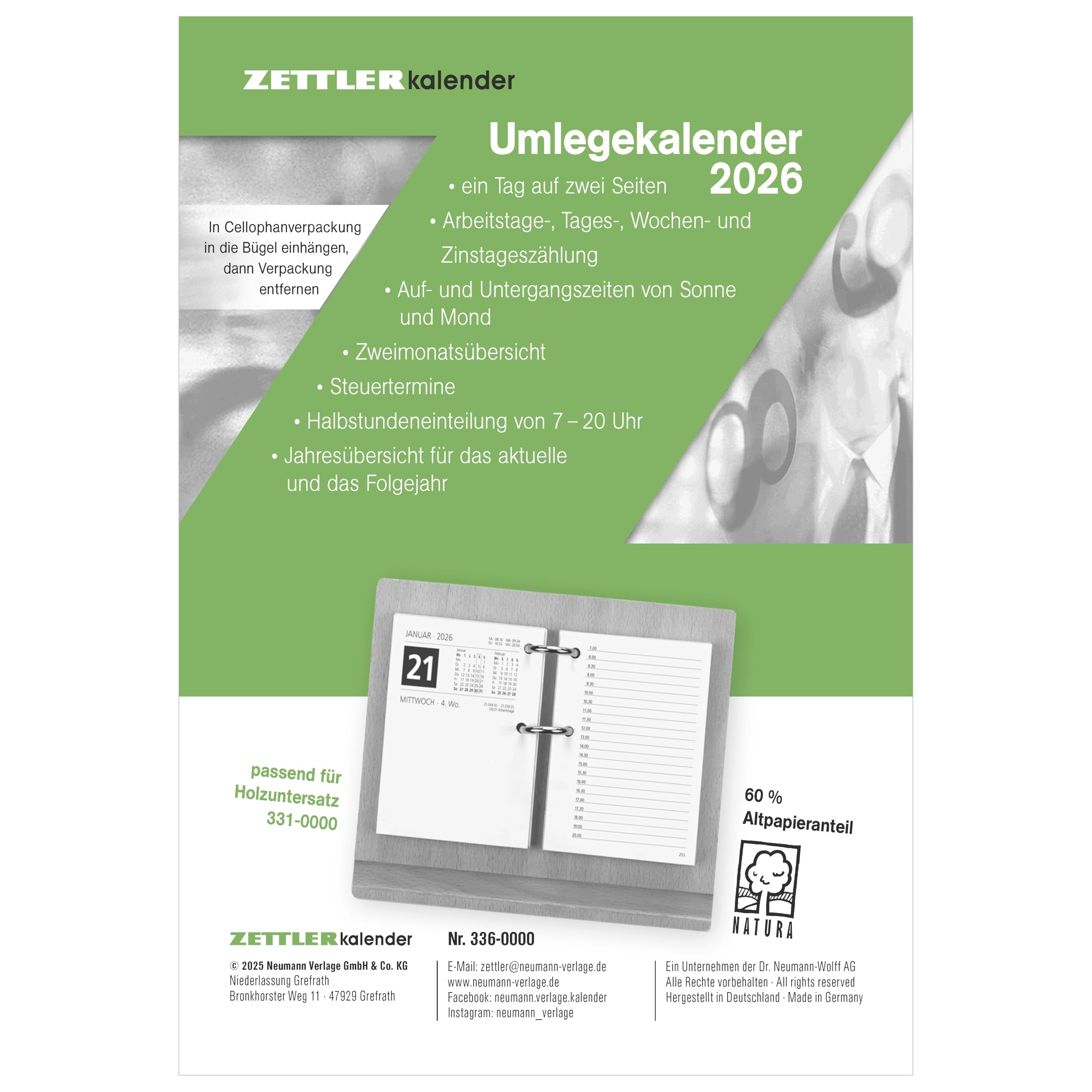 Zettler Umlegkalender 1T/2S 2026 – Tageskalender 8 x 10,8 cm mit 384 Seiten, Stundeneinteilung & Jahresübersicht, deutscher Arbeitstischkalender mit 2-fach Lochung