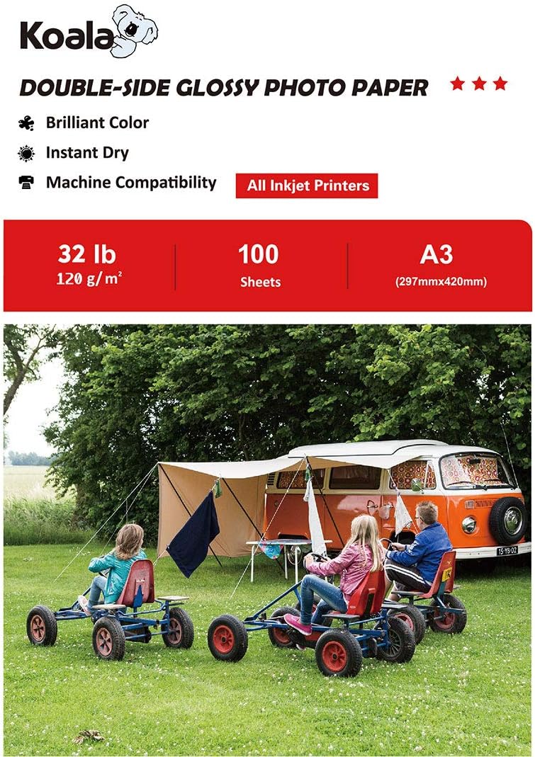 KOALA Double Sided Glossy Inkjet Photo Paper A3, 120gsm, 100 Sheets for Inkjet Printers. Suitable for Printing Photos, Brochures, Covers, Certificates, Booklets, Flyers, Leaflets, Cards, Calendars