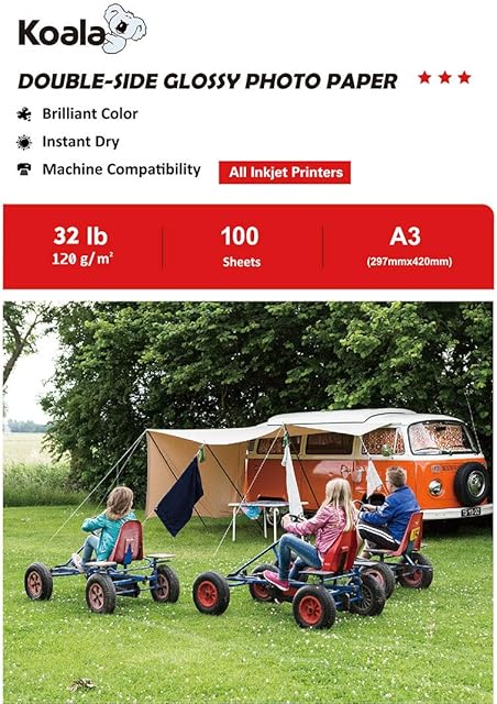 KOALA Double Sided Glossy Inkjet Photo Paper A3, 120gsm, 100 Sheets for Inkjet Printers. Suitable for Printing Photos, Brochures, Covers, Certificates, Booklets, Flyers, Leaflets, Cards, Calendars