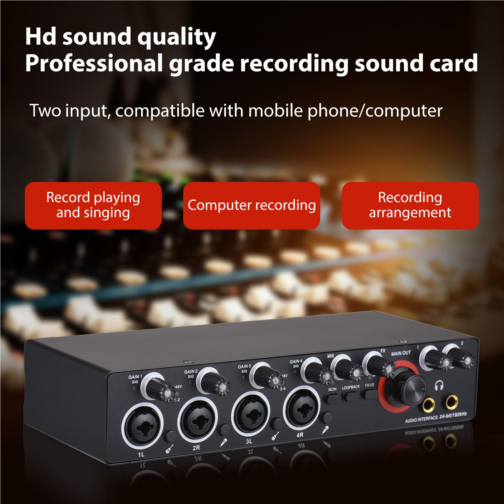 HUIOP Tarjeta de sonido de grabación de 4 canales con interfaz de audio libre de controlador, 4-en 4-out tarjeta de sonido USB 24 bit/192khz 48V alimentación fantasma para grabación profesional de