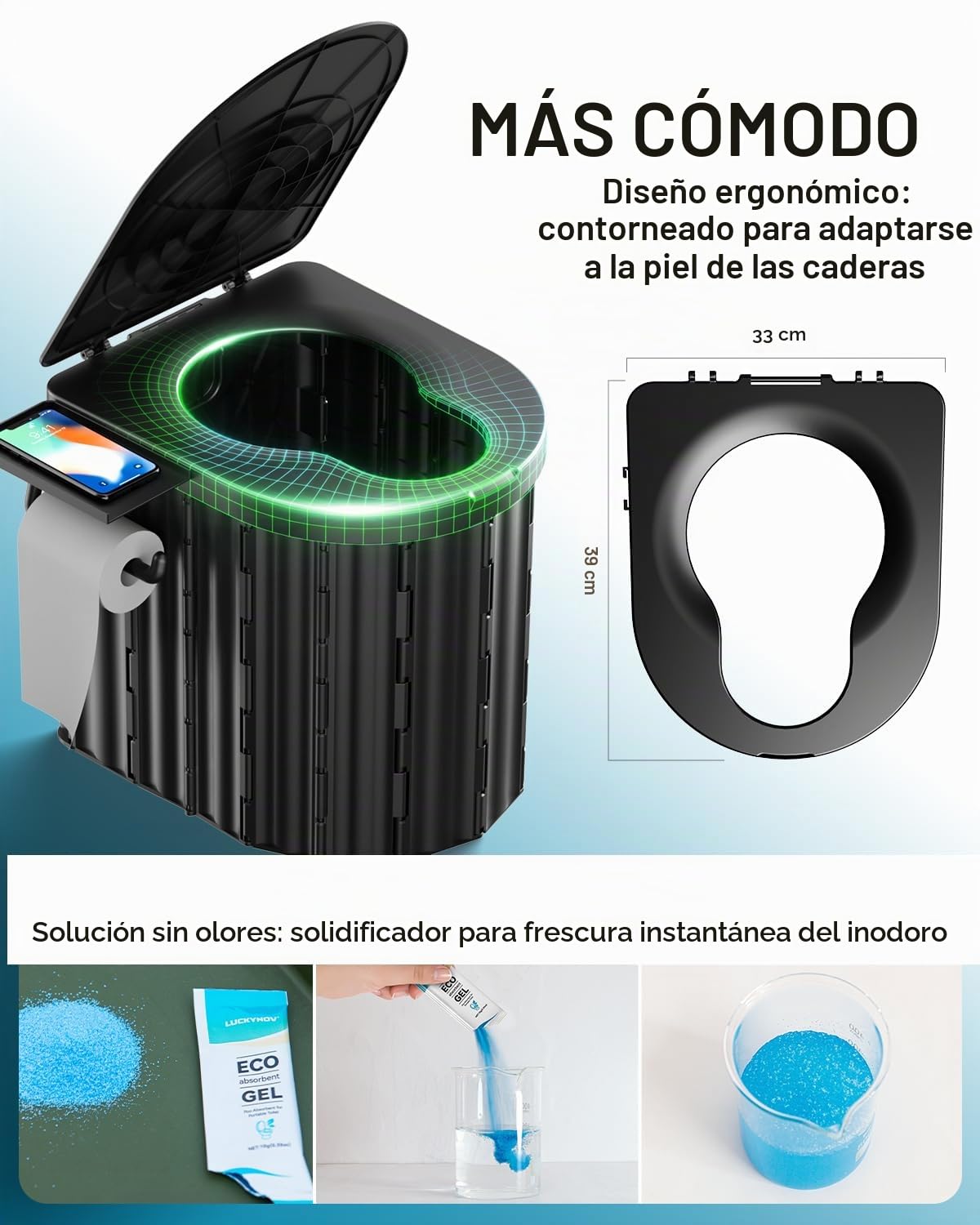 Inodoro portátil con gel de orina y bolsas a prueba de fugas, inodoro de camping sin olor para adultos y niños, orinal de viaje al aire libre con diseño ergonómico
