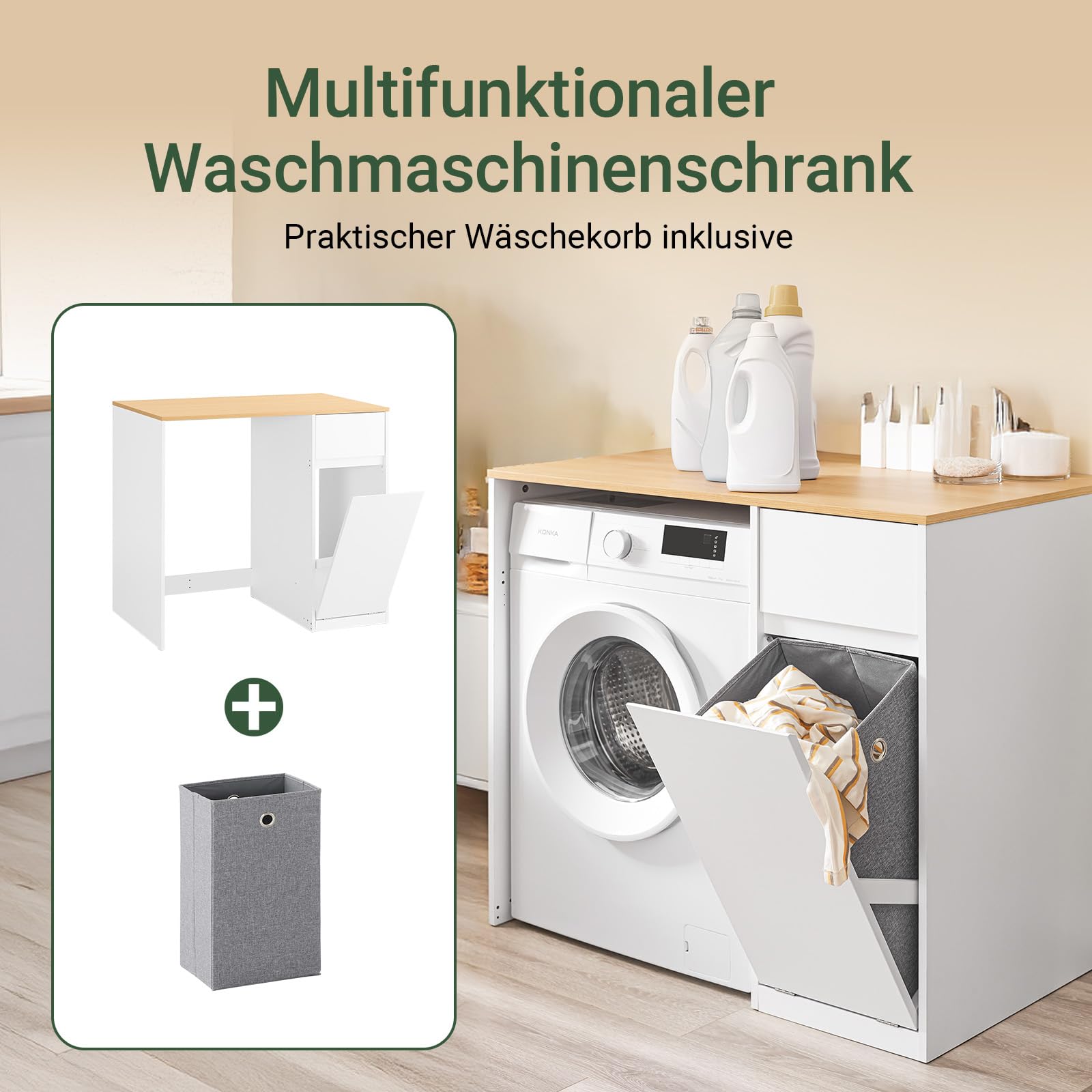 SoBuy Waschmaschinenschrank mit Wäschekorb & Schublade 100x60x90 cm | Schrank für Waschmaschine & Trockner, platzsparender Badezimmerschrank in Weiß Holzoptik, Skandinavisches Design, BZR217-WN