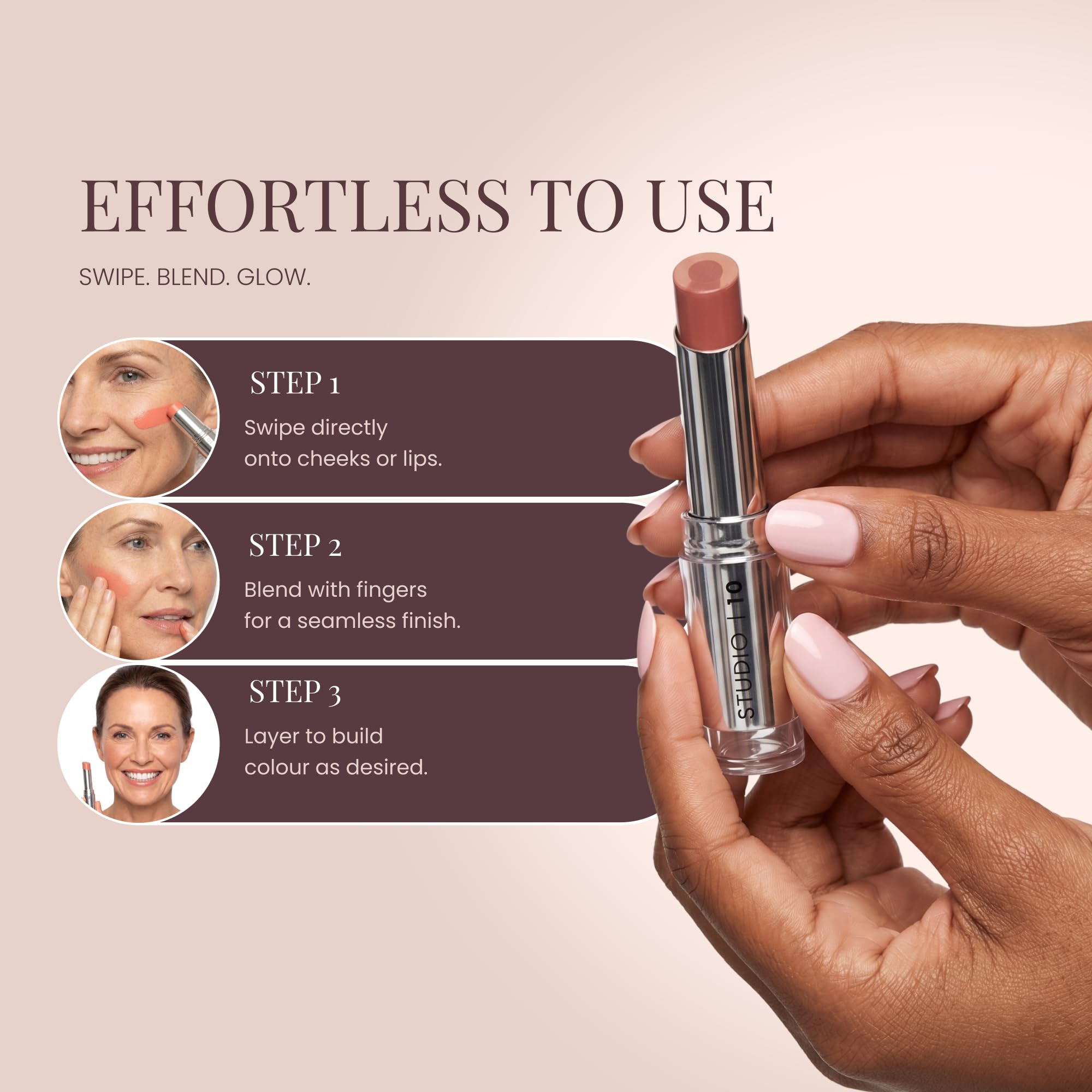 Studio 10 Wake Up & Glow Blush Stick - Tinta labbra e guance a lunga durata per fard leggeri, fard in crema per pelli mature - con nucleo di acido ialuronico idratante (tonalità - pesca)