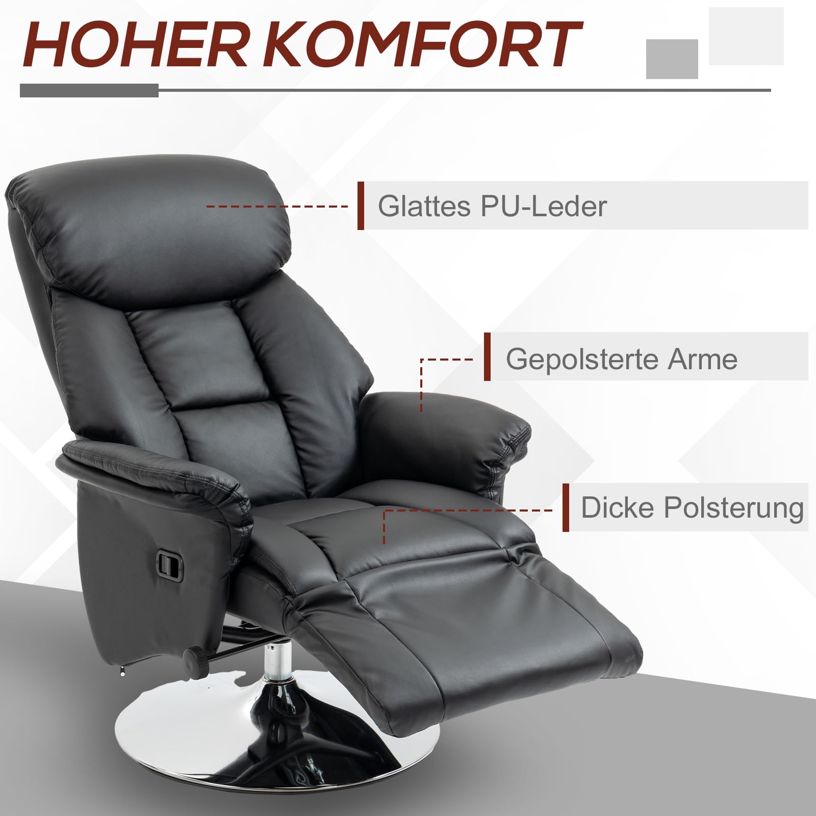 HOMCOM Relaxstoel met ligfunctie, 360 graden draaibaar, televisiestoel met verstelbare rugleuning, voetensteun, ruststoel, ligstoel, tv-stoel voor woonkamer, slaapkamer, kunstleer, grijs