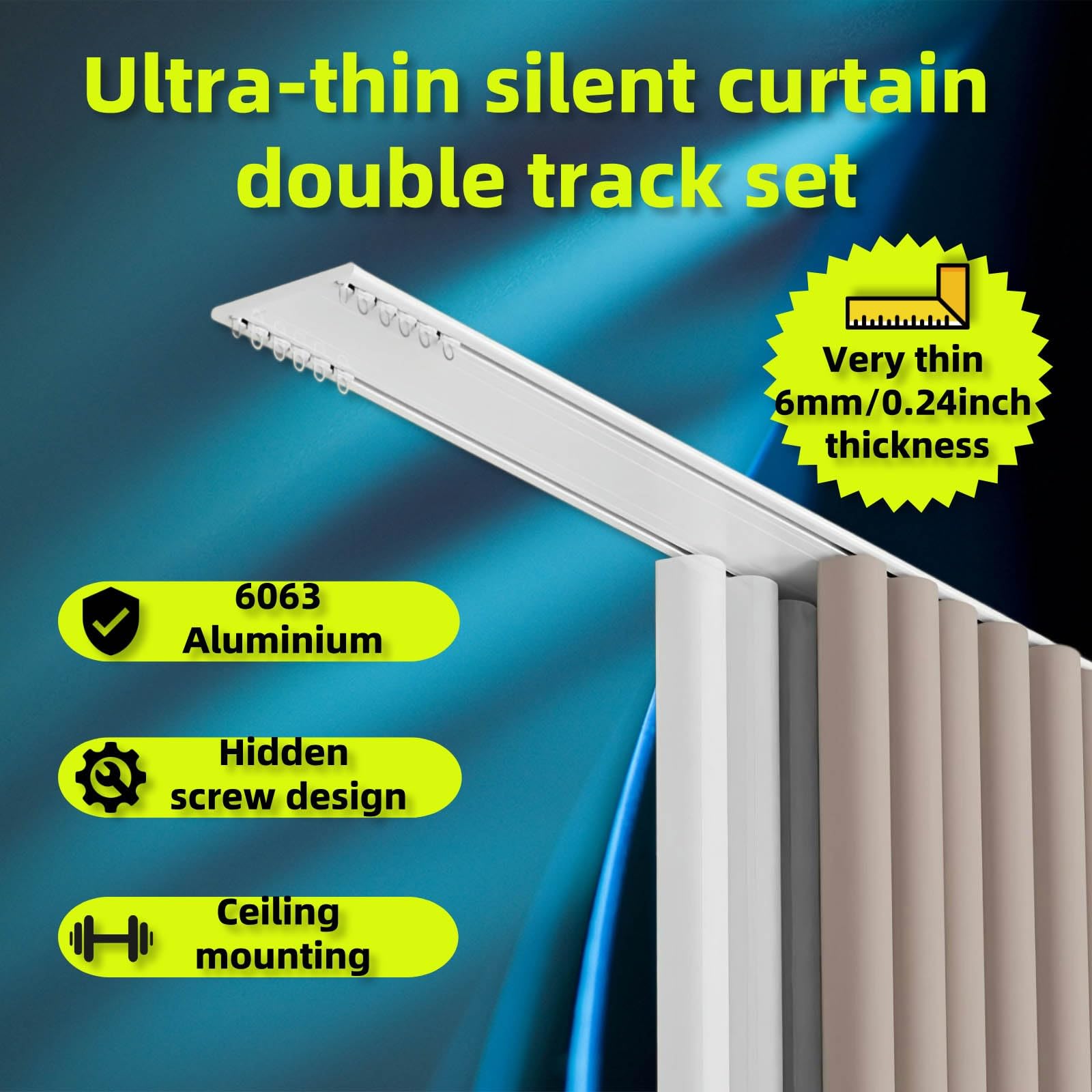 Tringle Rideau Système De Rail De Rideau, Doubles Rails En Alliage D'aluminium, Conception Ultra-mince De 6mm D'épaisseur Avec Rouleau Et Crochet Pour Chambre À Coucher, Salon(Champagne,260cm(102.0in)