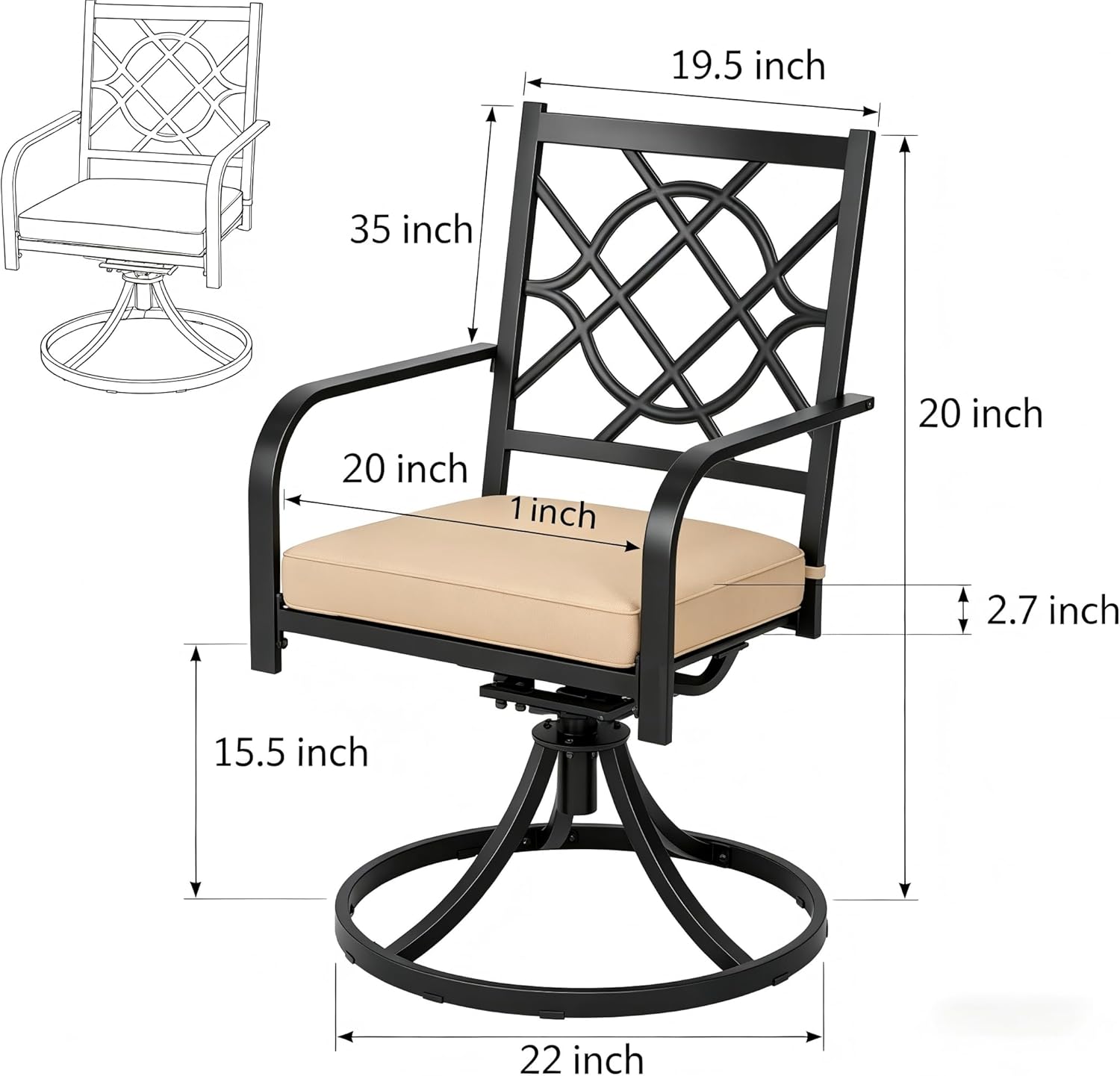 Oakcloud Outdoor Metal Swivel Dining Chairs, Strong Capacity Patio Chairs Set of 2, Patio Dining Chair Patio Furniture with Cushion for Garden, Backyard, Bistro, Black