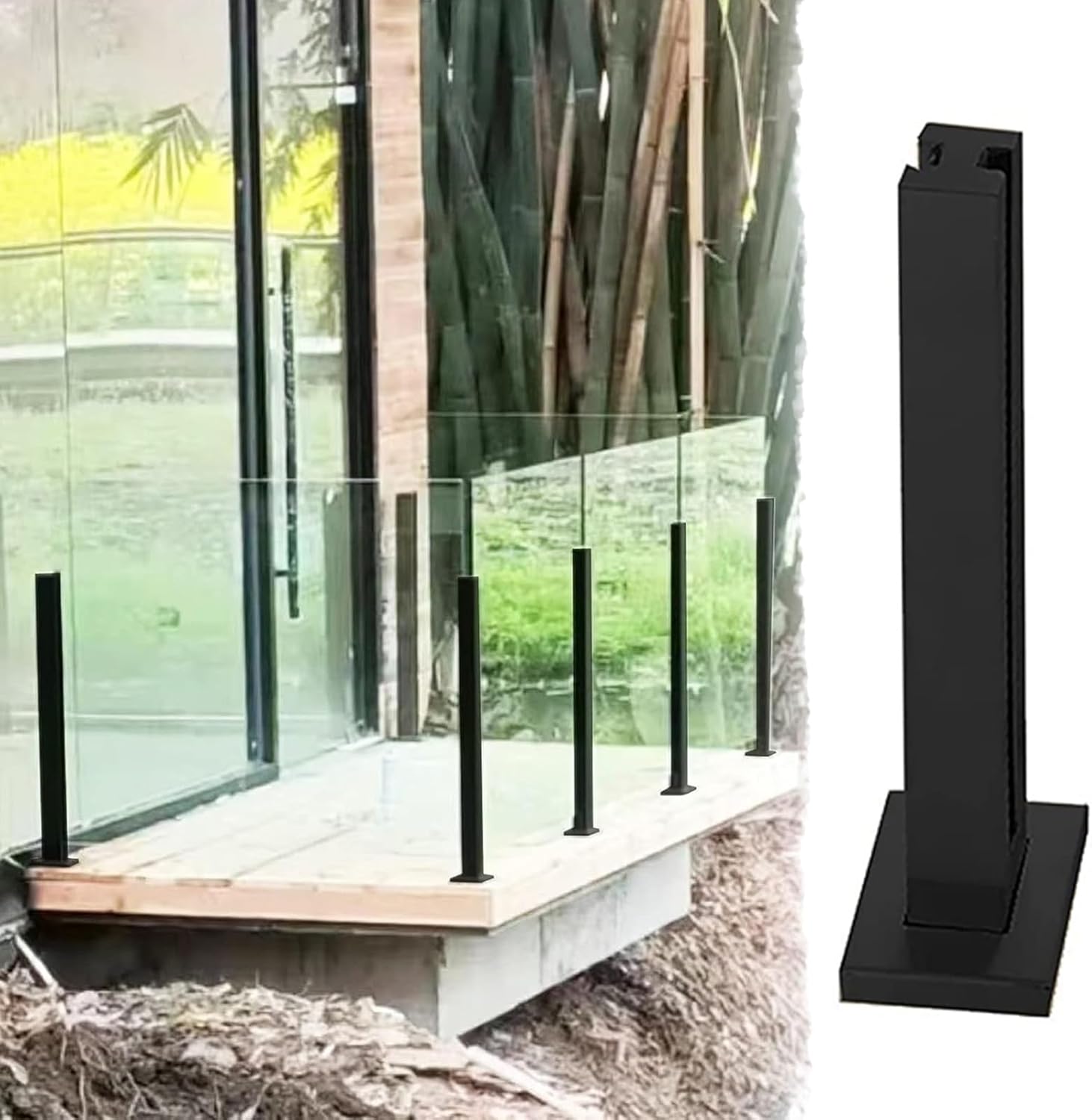 Black Glass Railing Post Kit - Heavy Duty Rust-Proof Baluster with Glass Clamp for Glass, Wood, Acrylic Panels - 39.4in Black Corner Post, H-100cm