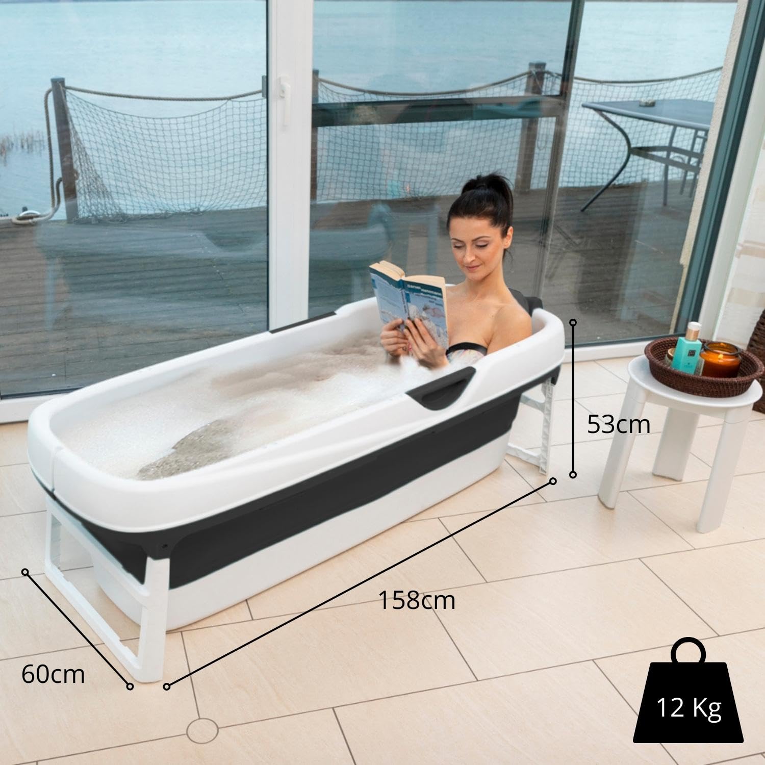 CRS - Vasca da bagno pieghevole per adulti XXL Black Line, 158 x 60 x 53 cm + cuscino per vasca da bagno mobile pieghevole, da appoggiare nella doccia, popolare su YouTube, nero