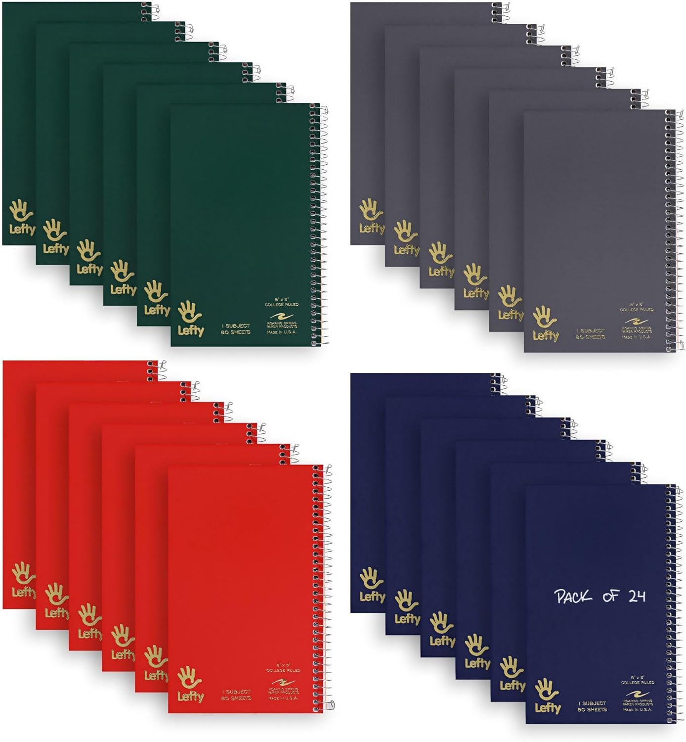 Roaring Spring Lefty Small Spiral Journal for Left-Handed Writers, 24 Pack, Right-Side Wirebound Notebook, College Ruled, 8″ x 5″, 80 Sheets, Perforated Pages, Made in USA, Assorted Covers