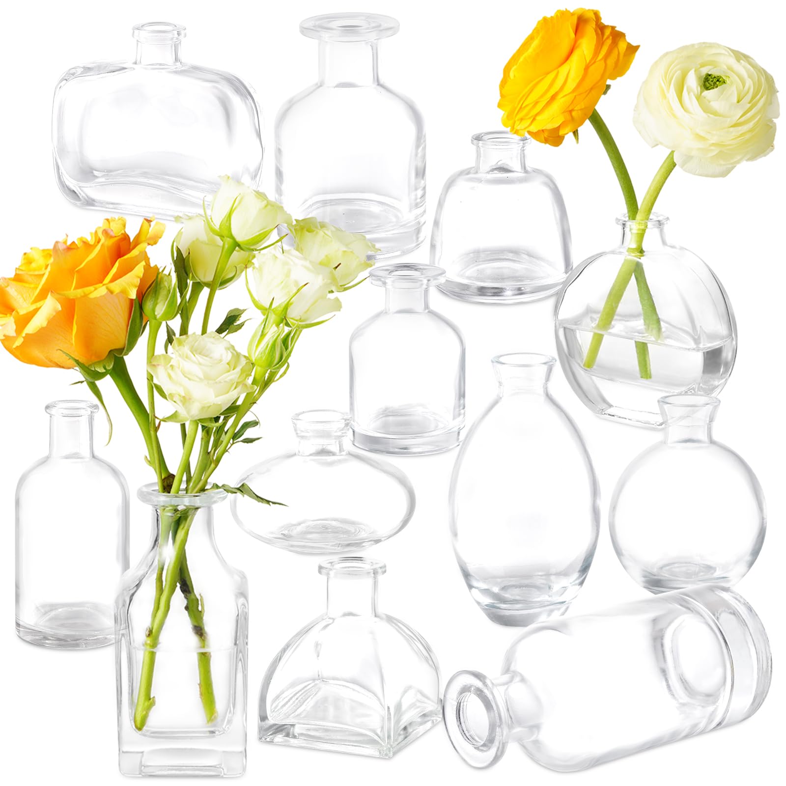 Photo 1 of Vases Set Of 12, Clear Glass Bud Vase in Bulk, Small Vases for Centerpiece Mini Modern Flower Vase Transparent, Wedding Party Table Home Decor
