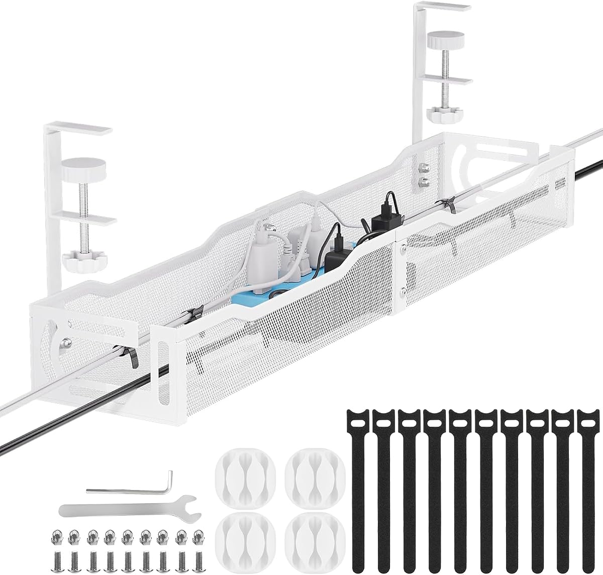 Gestión de cables, gestión de cables de 25'' debajo del escritorio, bandeja para cables | Bandeja de gestión de cables debajo del escritorio, sin taladro, organizador de cables con abrazadera para escritorio de pie, organizador de escritorio para oficina en casa