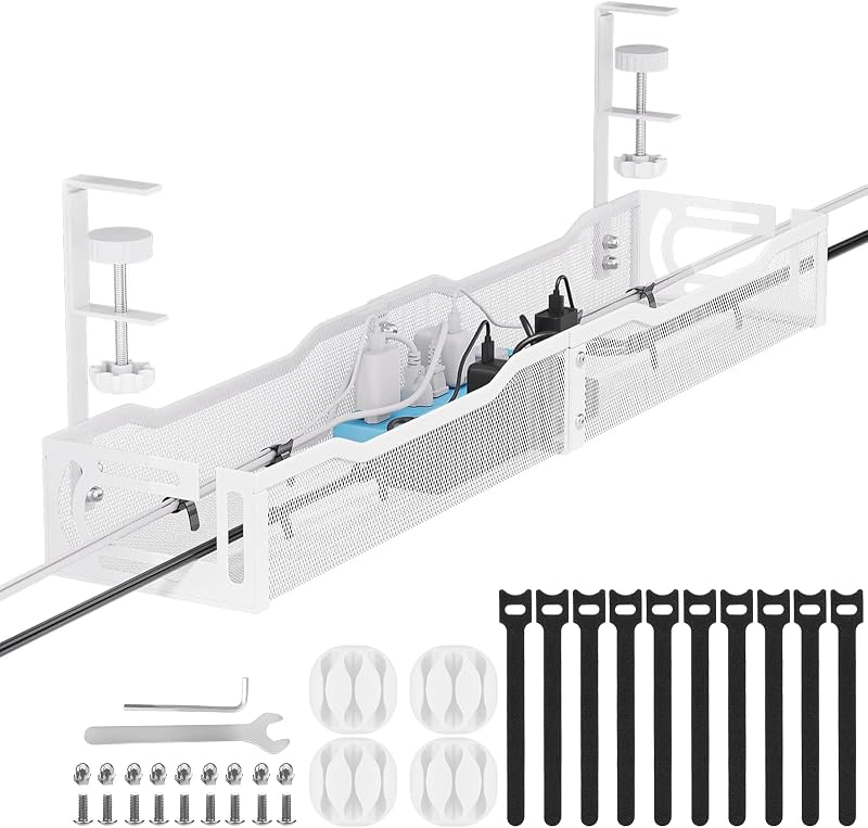 Gestión de cables, gestión de cables de 25'' debajo del escritorio, bandeja para cables | Bandeja de gestión de cables debajo del escritorio, sin taladro, organizador de cables con abrazadera para escritorio de pie, organizador de escritorio para oficina en casa