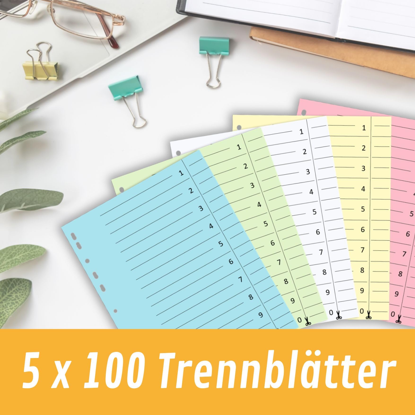 perfect line - 500 przekładek, 5 pastelowych kolorów – stabilny papier z recyklingu, do segregatorów DIN A4 i kołonotoków – do biura, szkoły lub domu – certyfikat Blue Engel (5 x 100 arkuszy)