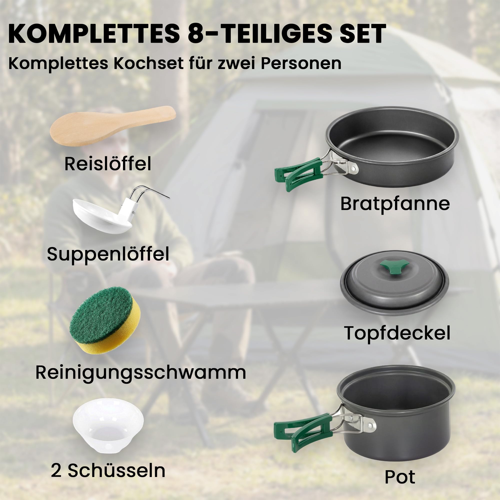 Outsunny Juego de utensilios de cocina para camping de 8 piezas con asas antiquemaduras, olla de calentamiento rápido, sartén y cacerola para 2 personas, para exteriores, senderismo, pícnic, barbacoa