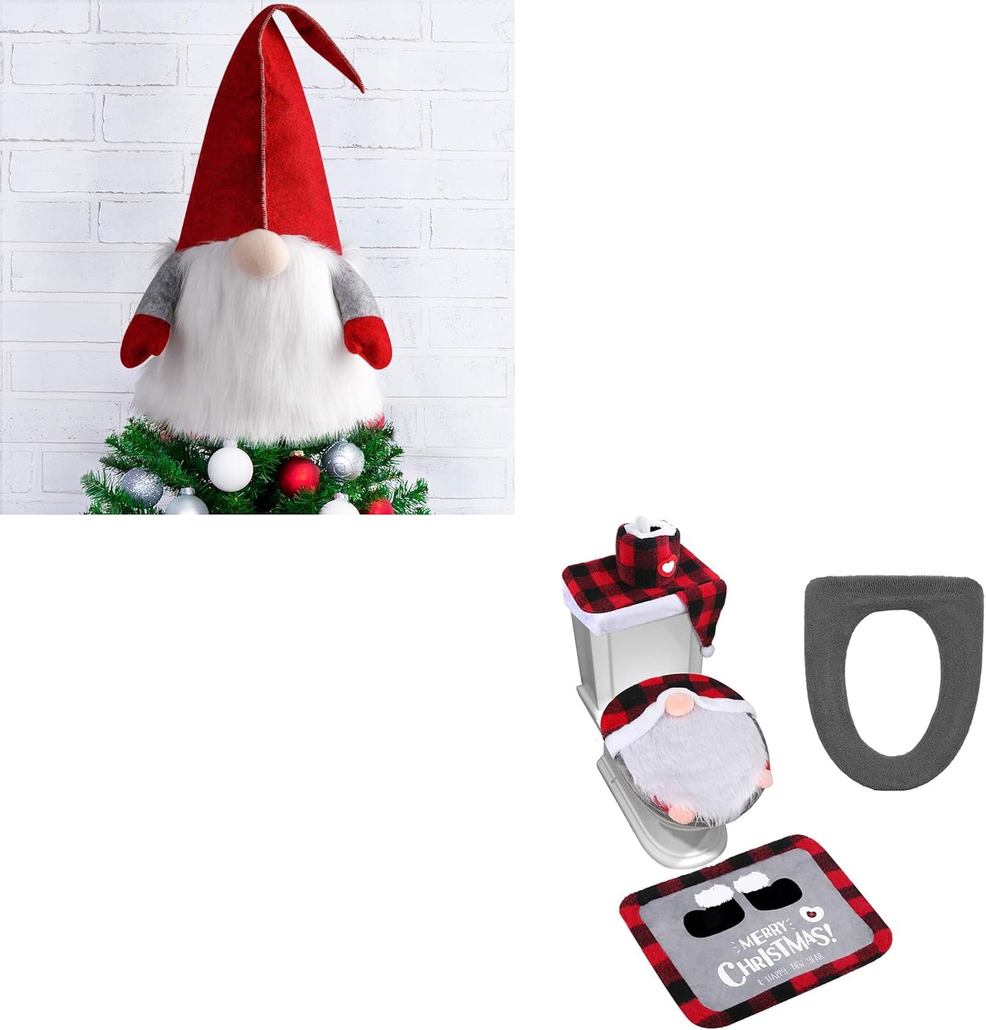 D-FantiX Red Hat Gnome Christmas Tree Topper & Gnome Toilet Seat Cover and Rug Set of 5