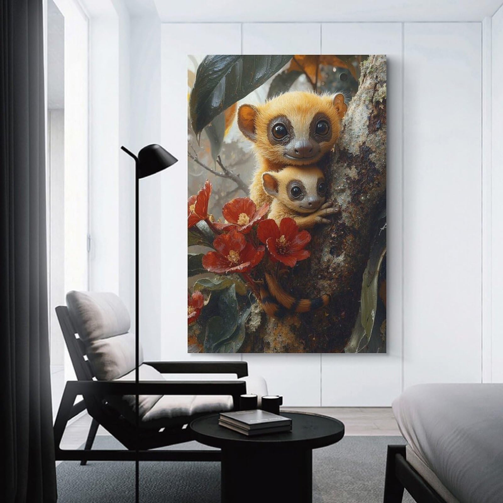 Junmoney Unframe-Style-3 Two Cute Golden Bamboo Lemurs Portrait Room Decor Wall Art 20X30inch(50X75cm), For Entrance Walls, Hall Decor Or Foyers, A Neat Decor Update For Hallways