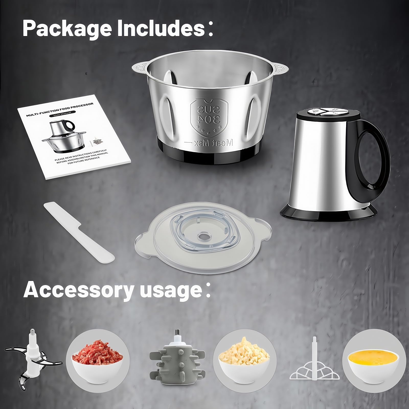 Picadora eléctrica de 600 W, cuenco de acero inoxidable de 2 litros, 3 velocidades, procesador de alimentos para carne, verduras, ajo, nueces