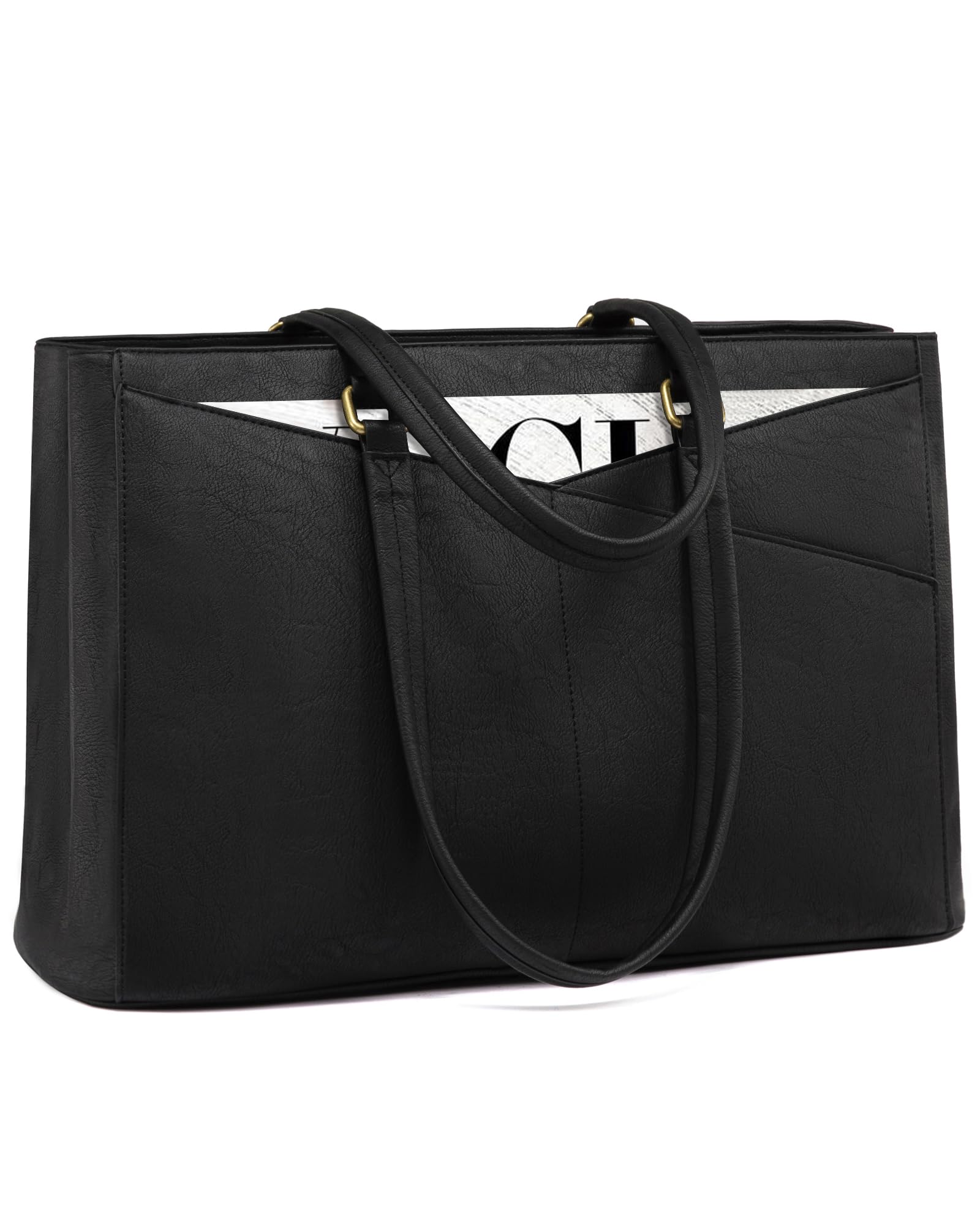 LOVEVOOK Vintage Leather Work Tote - 17.3 Inch Laptop Bag for Women, Waterproof Business Bag, Retro Black