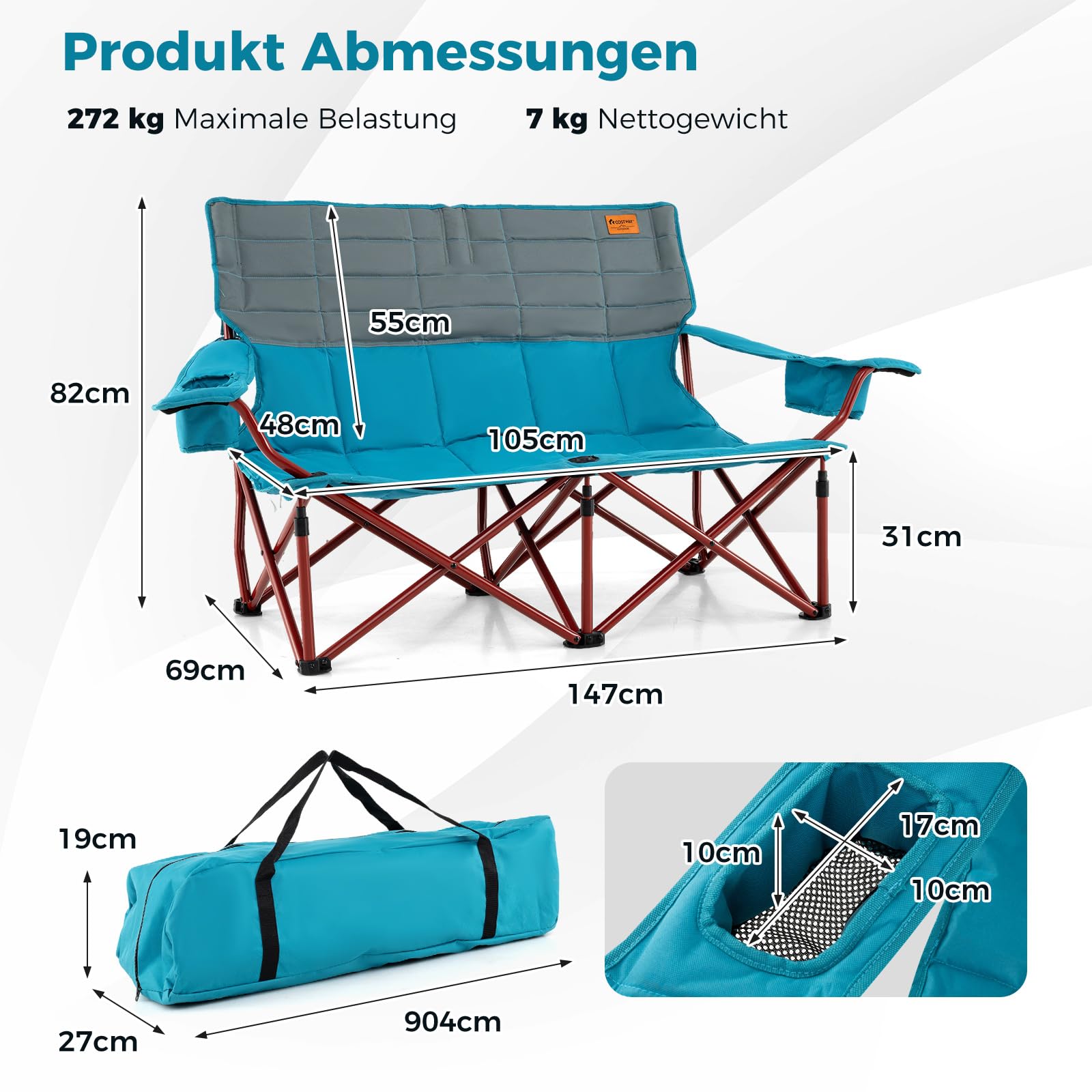COSTWAY Campingstoel voor 2 personen, klapstoel met bekerhouders, armleuningen en draagtas, 300 kg draagvermogen, inklapbare campingbank, vouwstoel voor camping, picknick, vissen (zwart