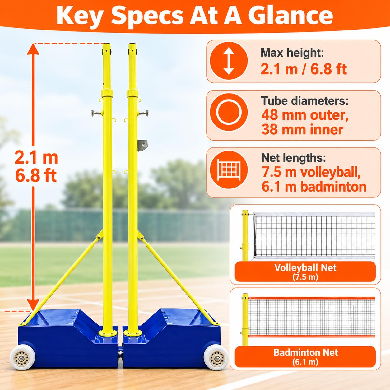 Postes de Vóleibol/Badminton,Altura Máxima 2,1 m,Base Rellenable de70-80 kg