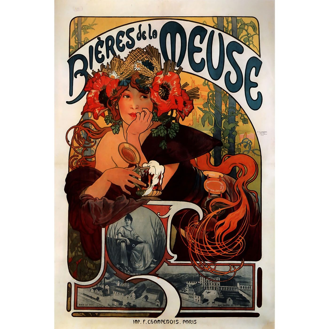 Bières de la Meuse Alphonse Mucha affiche décoration murale vintage 76 x 101 cm
