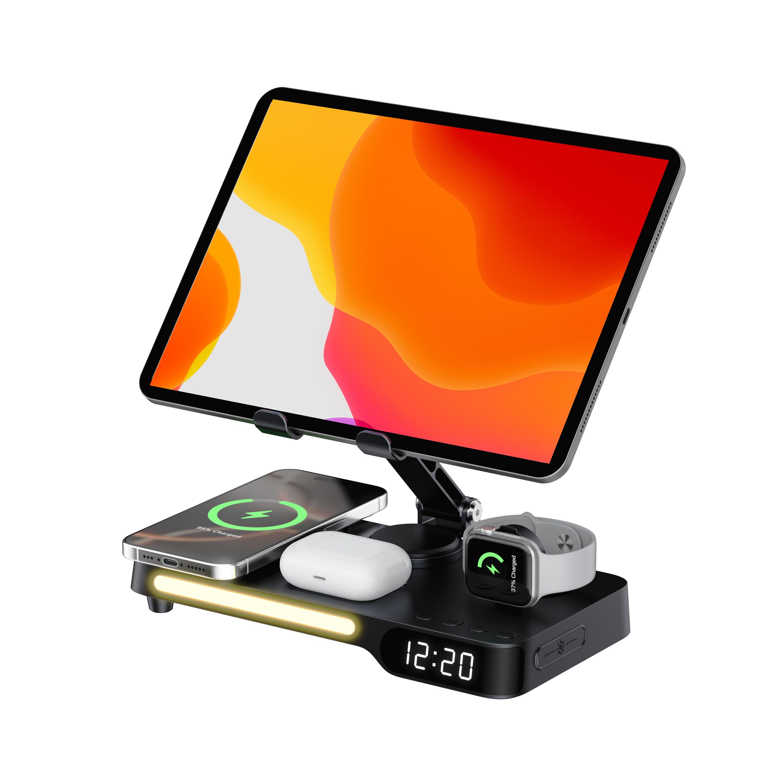 Stazione di Ricarica Wireless, Supporto Caricatore Multiplo 7 in 1 con Sveglia, Luce Notturna, Dock di Ricarica per iPhone 17 16 15 14 13 12 Pro Max Plus, Apple Watch 11/10/9/8, per AirPods