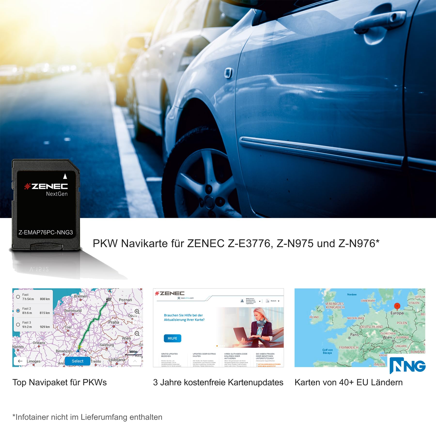 ZENEC Z-EMAP76PC-NNG3 – Micro SDXC-Karte mit PKW Navigationssoftware für ZENEC Infotainer Z-E3776, Z-N1000, Z-N975 und Z-N976, 3-D Karten für Europa, TMC