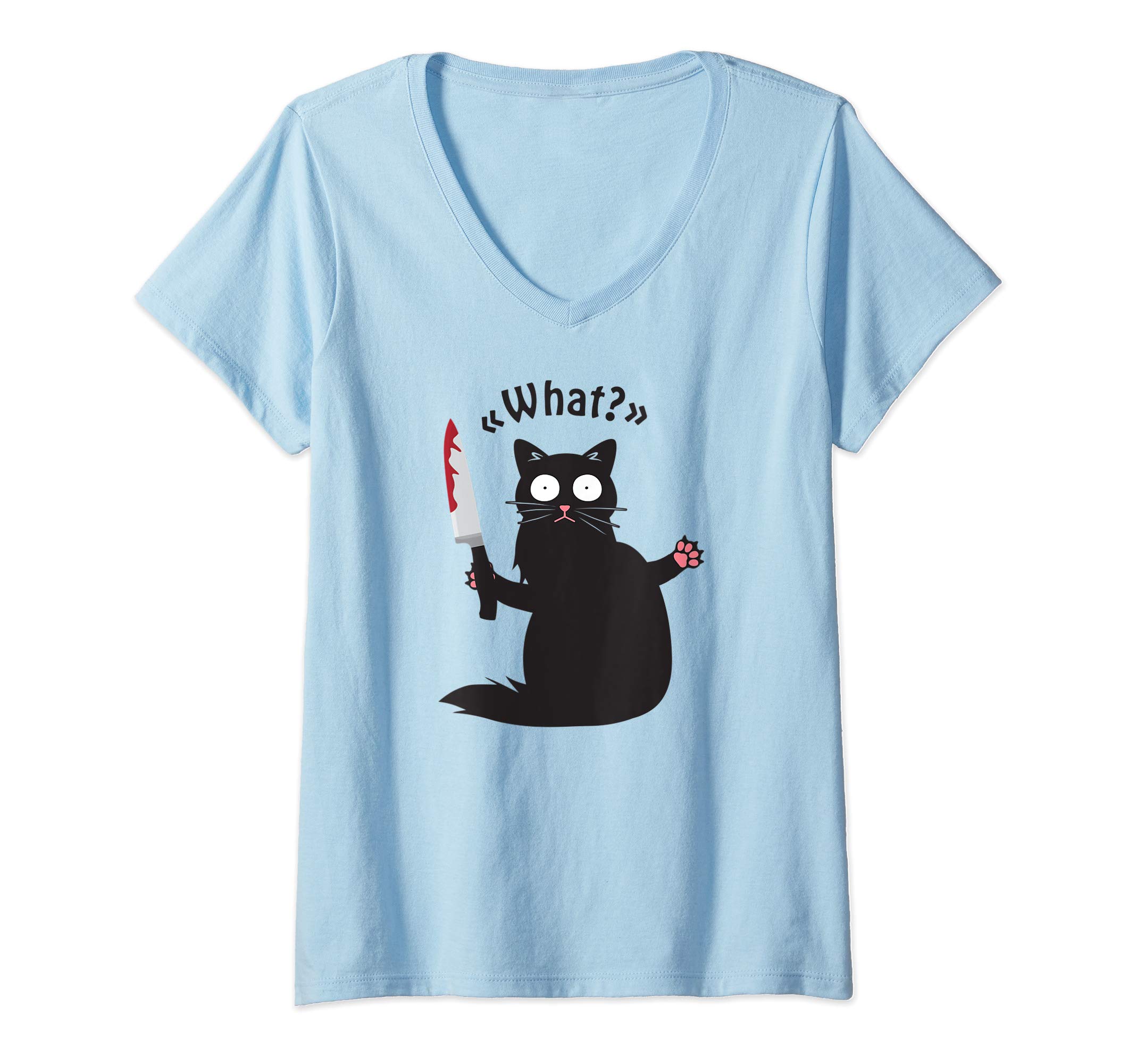 Funny Cat Shirts For Halloween B-Day & ChristmasWomens Cat What? Funny Black Cat Shirt Fun Murderous Cat With Knife V-Neck T-Shirt
