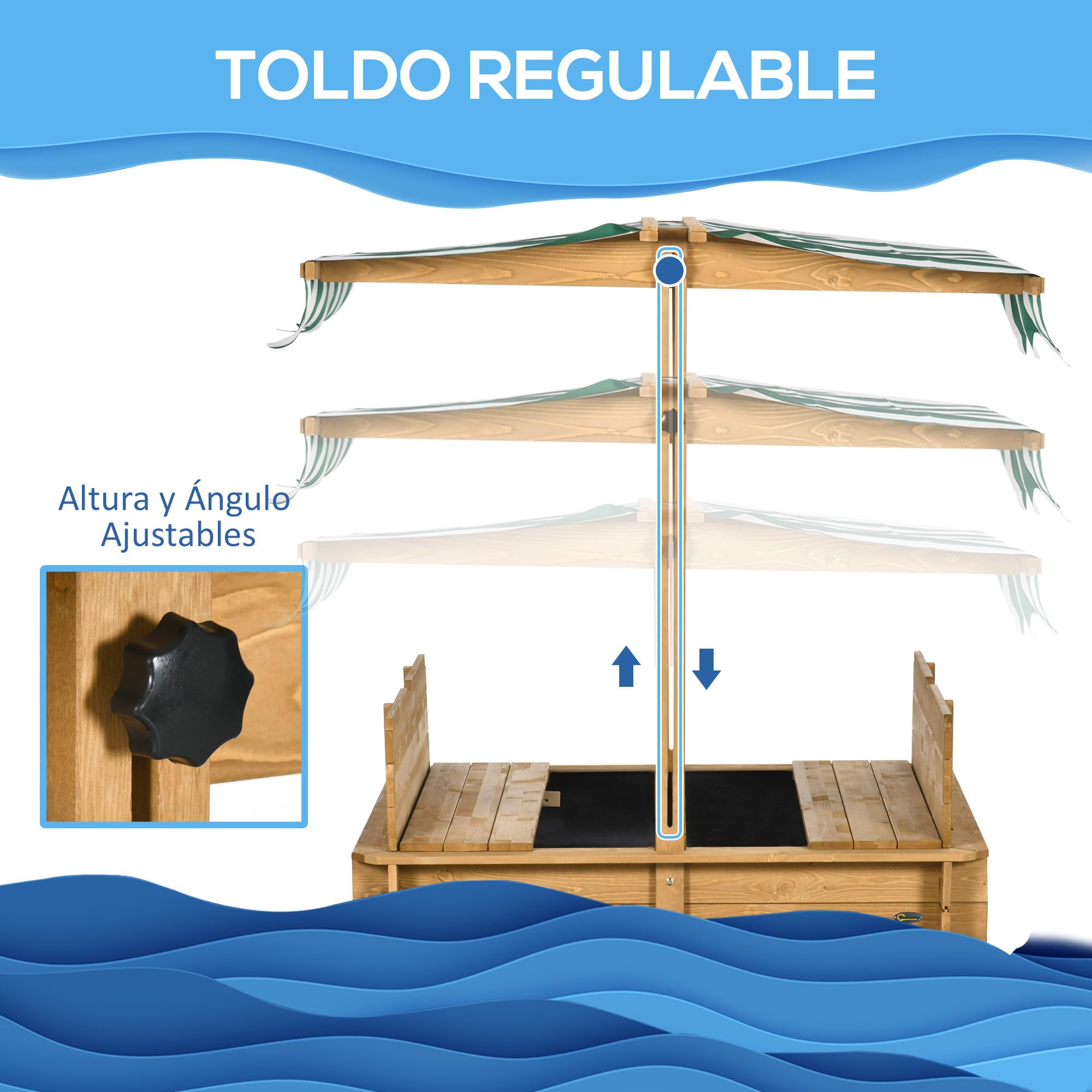Outsunny Arenero para Niños de Madera Arenero con Toldo Ajustable Respaldos Desmontables y 2 Bancos para Jardín Patio 106x106x121 cm Natural y Rayas Verdes