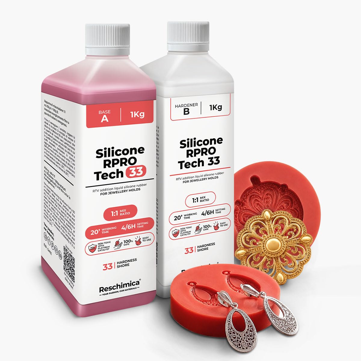 Reschimica Silikon Kautschuk 1:1 R PRO TECH 33, Dubliersilikon mittelhart I Zinnguss Bleiguss, hitzebeständig, Abformsilikon (2 kg)