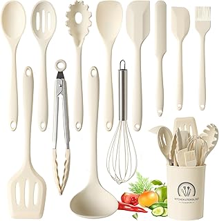13 Pièces Set Ustensile Cuisine Silicone, sans BPA, Antiadhésive Anti-Rayures Cuisine Accessoires, Passe au lave-vaisselle - Beige