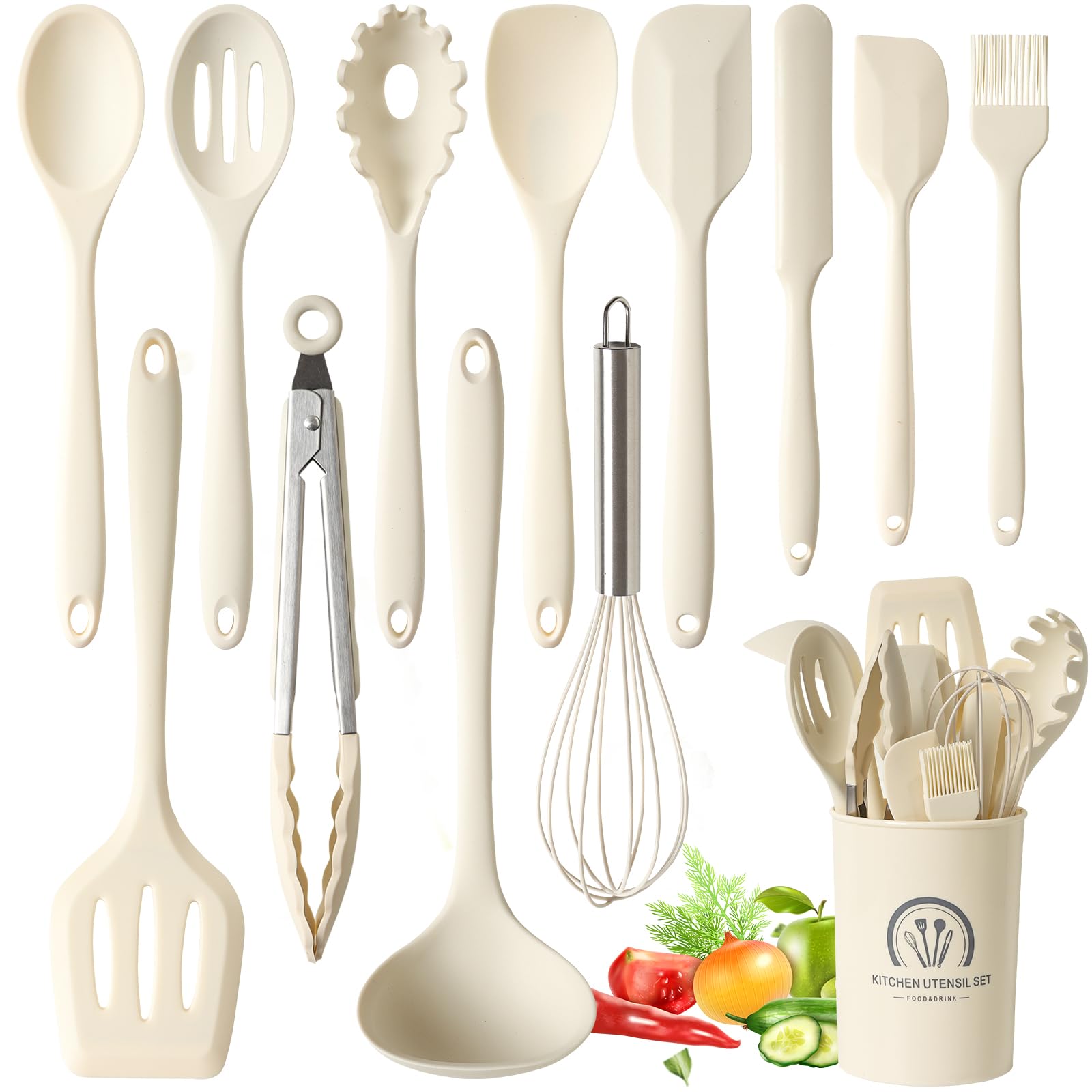 13 Pièces Set Ustensile Cuisine Silicone, sans BPA, Antiadhésive Anti-Rayures Cuisine Accessoires, Passe au lave-vaisselle - Beige