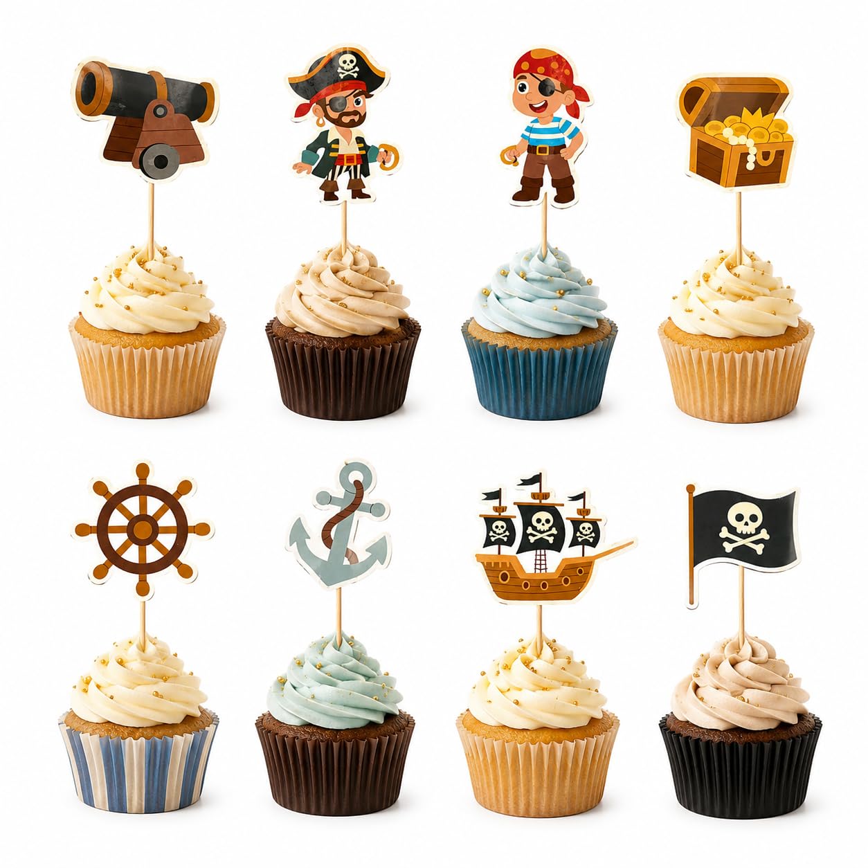 Arthsdite 24 Pcs Pirate Cupcake Toppers Pirate Birthday Cake Decorations Treasure Chest Ship Flag Anchor Cannon Picks for Kids Party Baby Shower Dessert Table