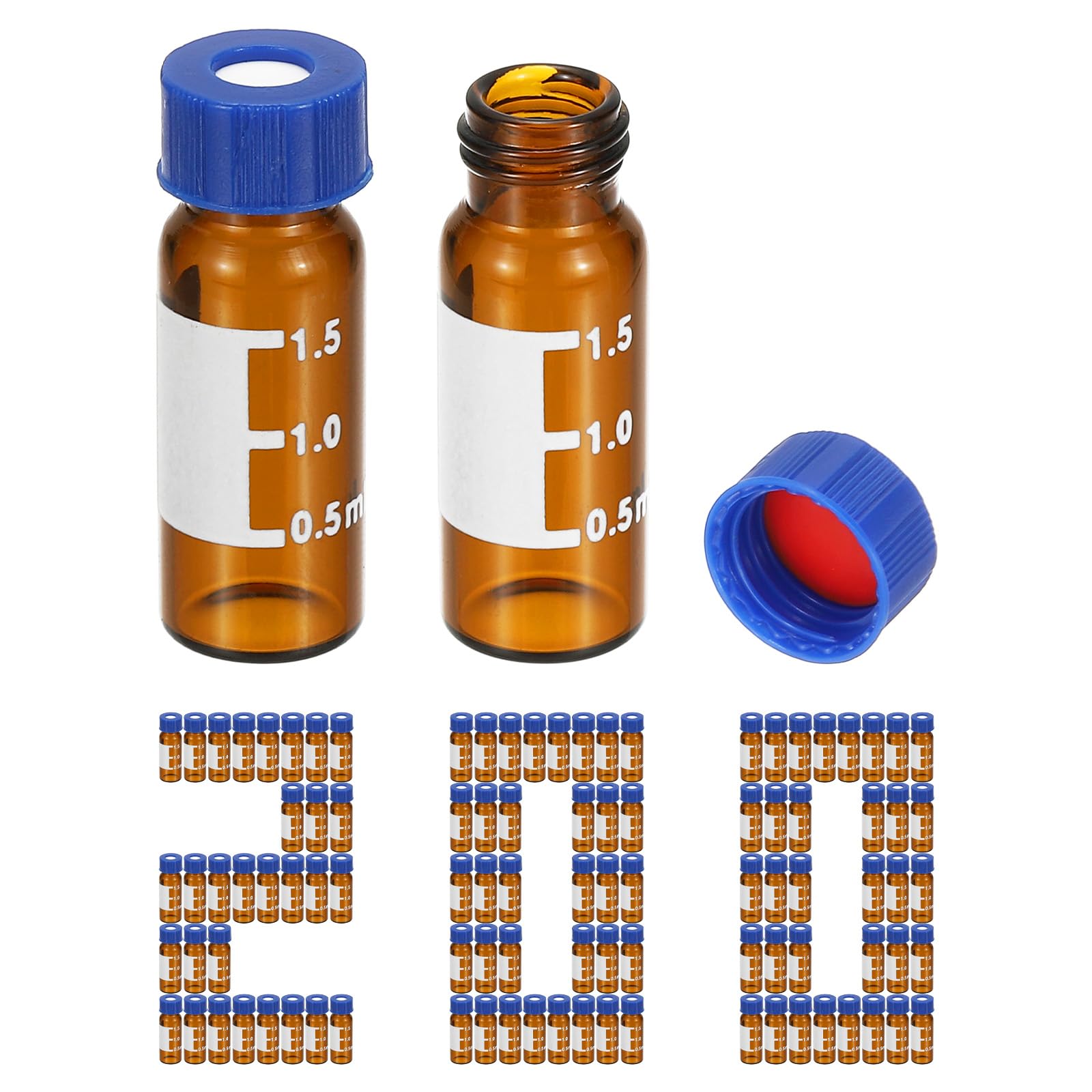 2ml Autosampler Vial, 200 Pack Pre-Slit Septa HPLC/GC Vials 9-425 Lab Amber Vials Sample Vial Screw Cap Writing Patch PTFE & Silicone for LC Stamper