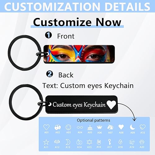 Miniatura 2 de Llavero grabado con texto y foto de ojo personalizado,Ojos personalizados personalizados llaveros de doble cara de acero inoxidable