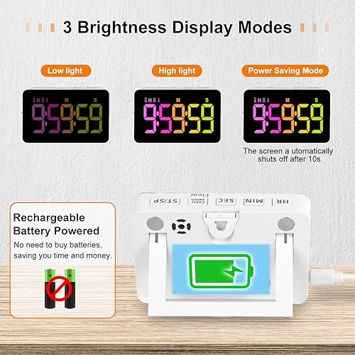 Miniatura 4 de Temporizador digital de cocina, cuenta regresiva, recargable, modo de vibración, pantalla LED de volumen y brillo ajustable, gestión del tiempo,